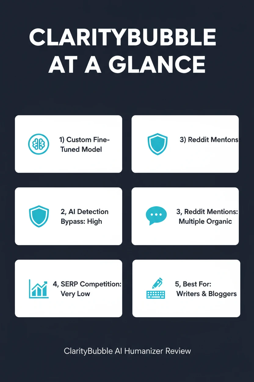 ClarityBubble AI humanizer review infographic with key stats