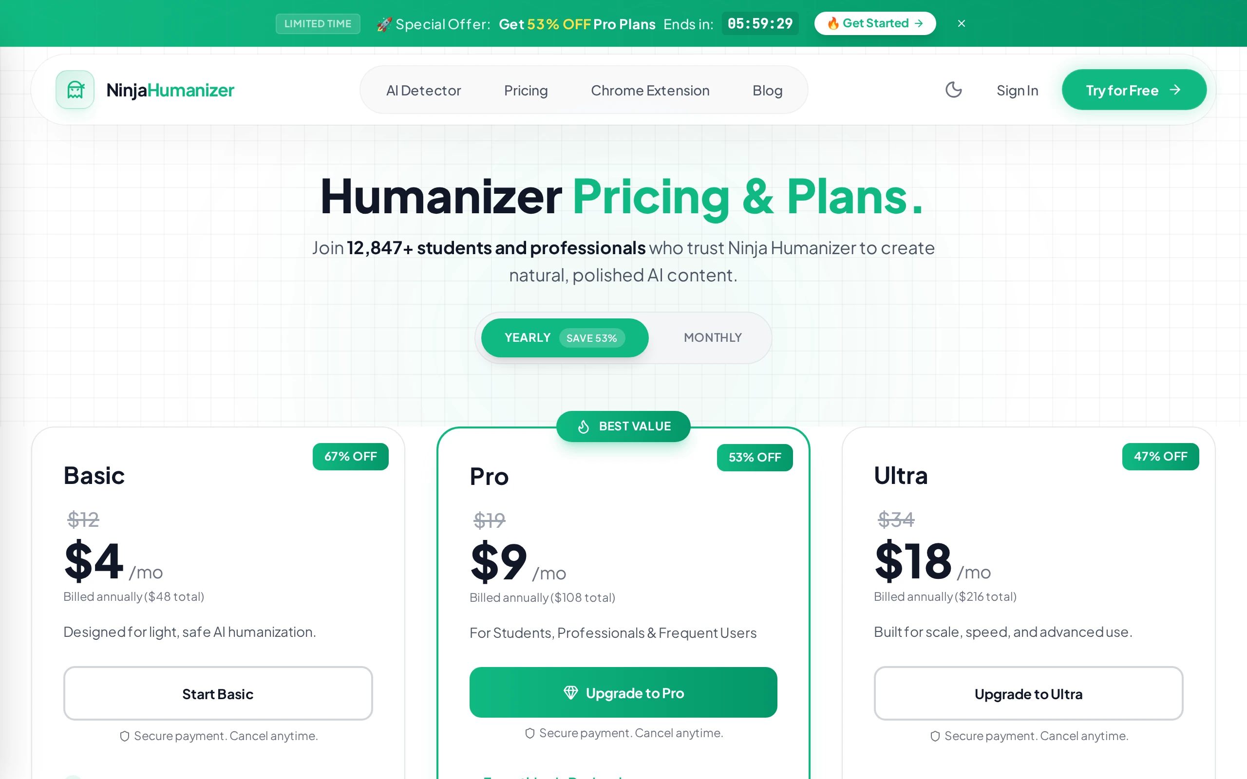 Ninja Humanizer pricing plans and tiers