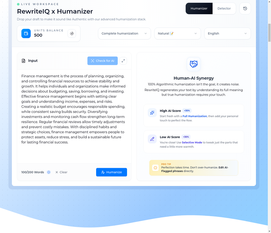 RewriteIQ Humanizer Interface