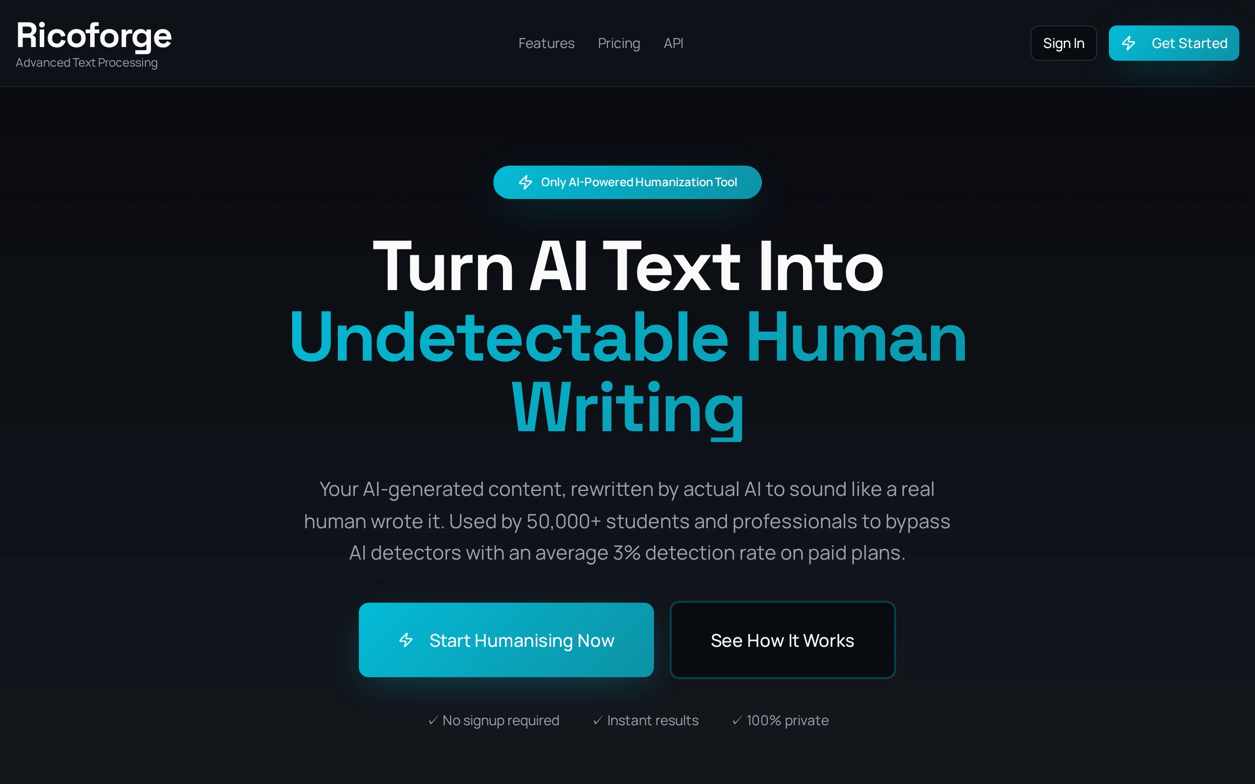 RicoForge homepage showing the main interface and value proposition