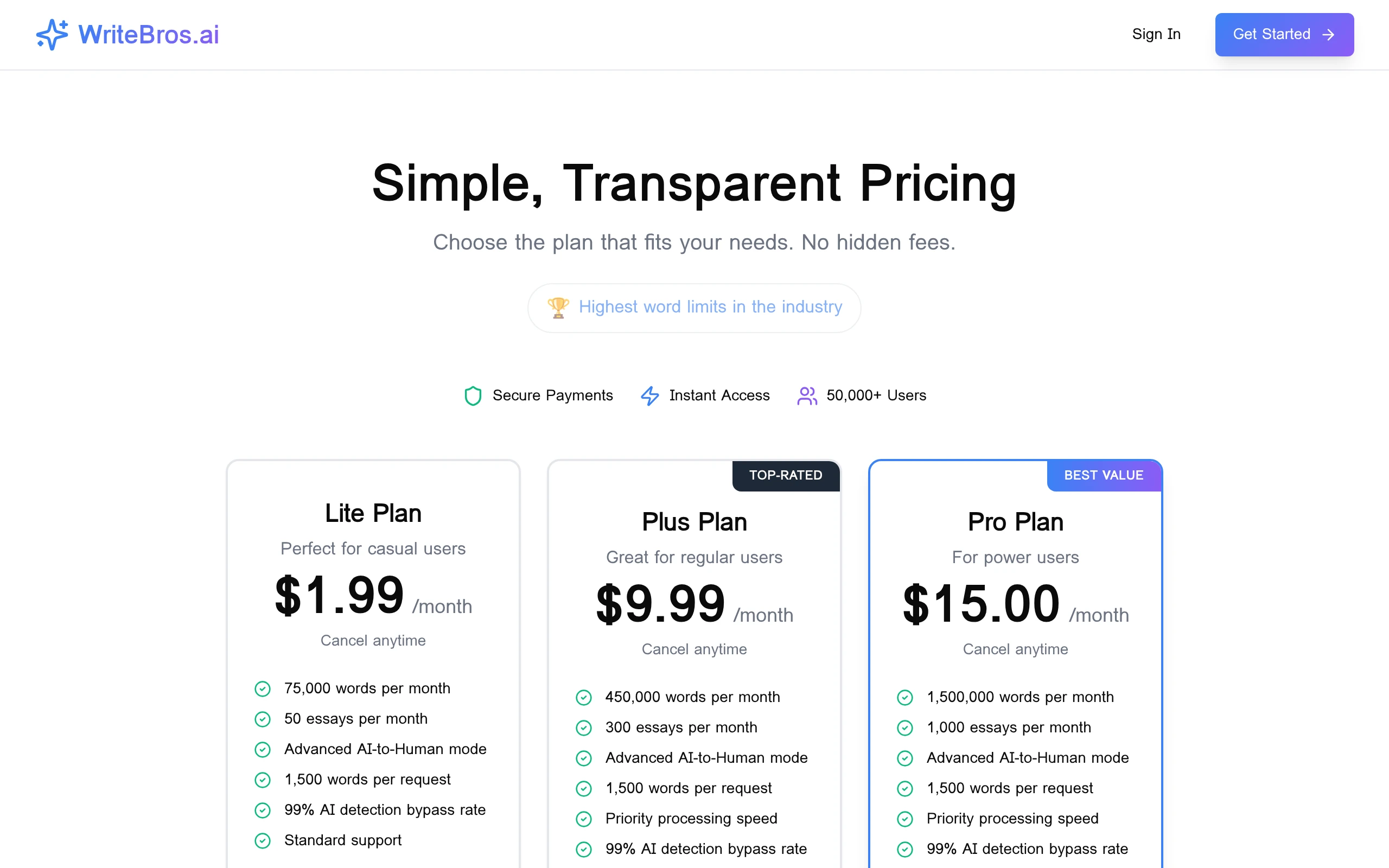 WriteBros AI pricing screenshot