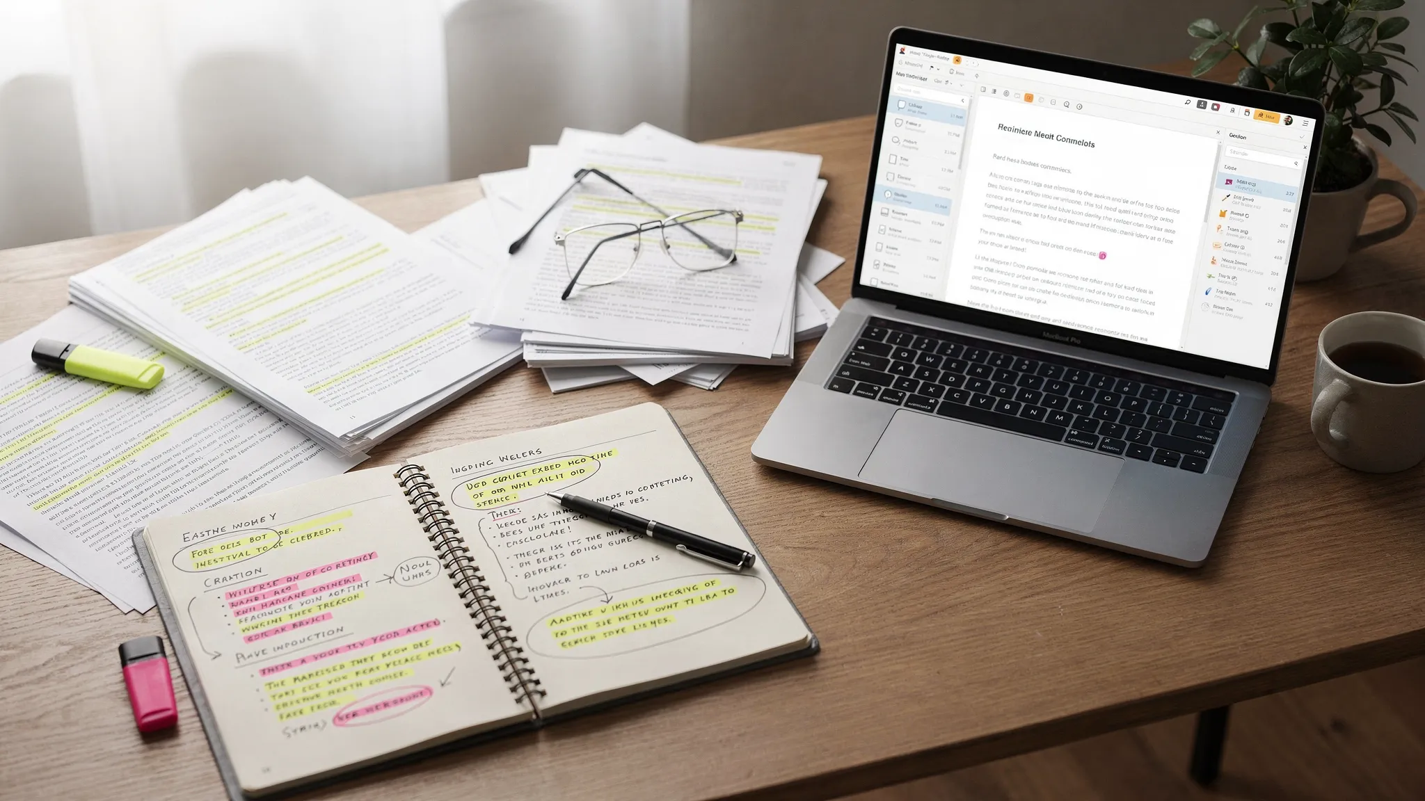 A desk scene with printed articles, highlighted passages, a notebook outline, and a laptop showing a document version history timeline. The materials look like a real drafting process with edits and notes.