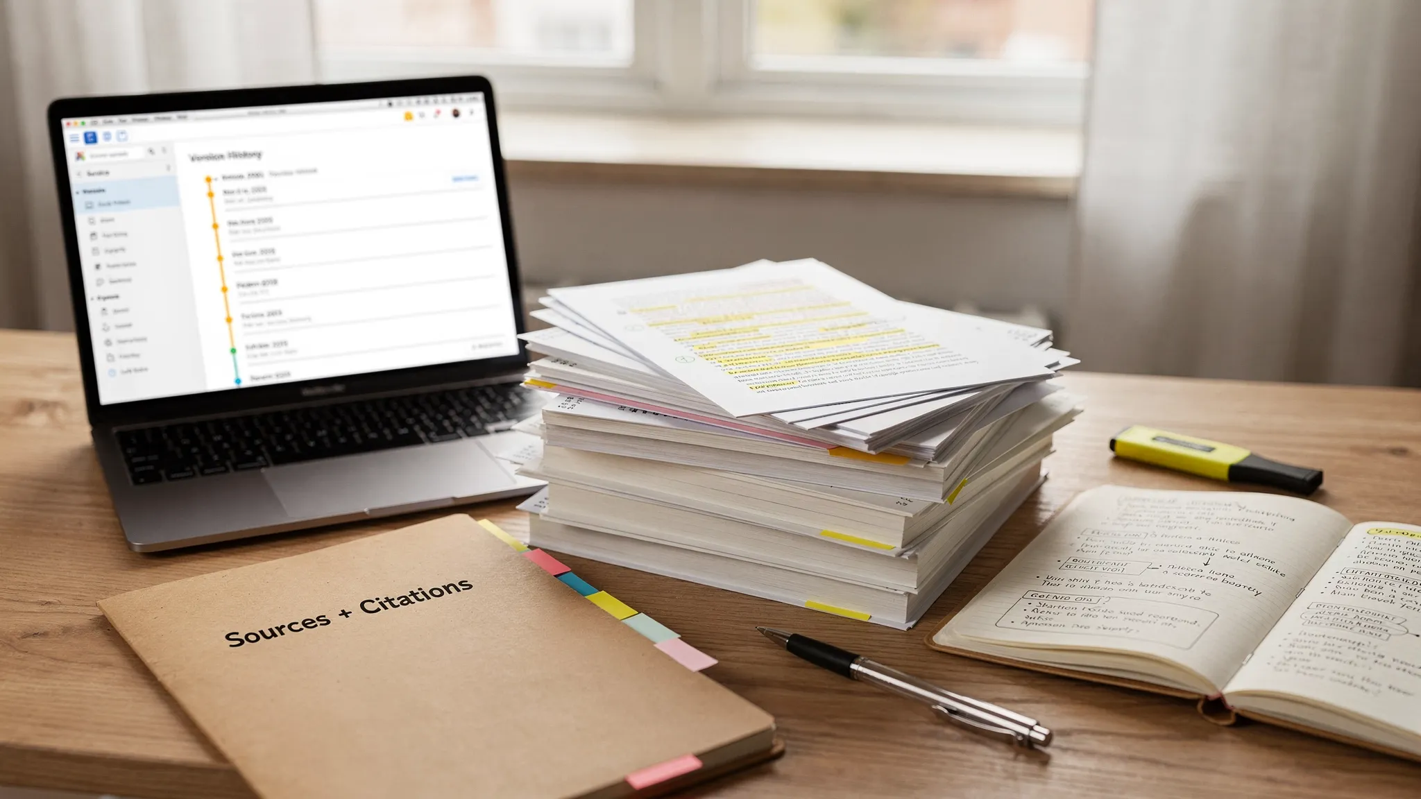 A neat “authorship packet” layout on a desk: printed drafts with highlighted edits, a laptop showing a version history timeline (screen facing the viewer), a notebook with handwritten outline notes, and a folder labeled “Sources + Citations.”