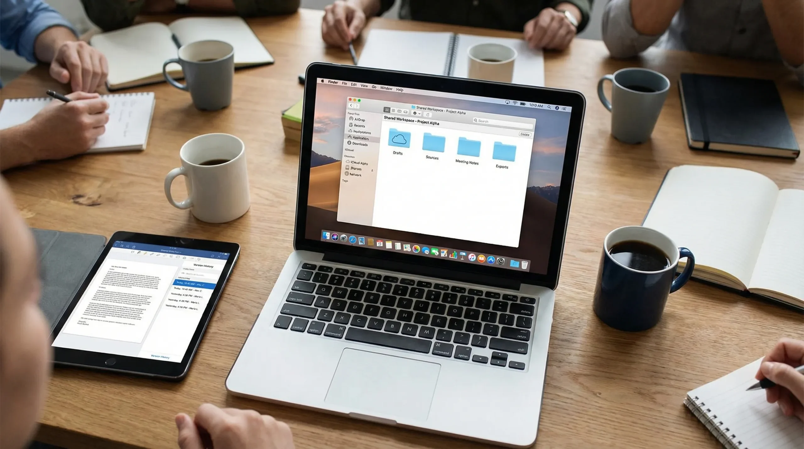 A shared group project workspace showing a cloud folder with subfolders for drafts, sources, meeting notes, and exports, alongside a document interface with visible version history timestamps and contributor names.