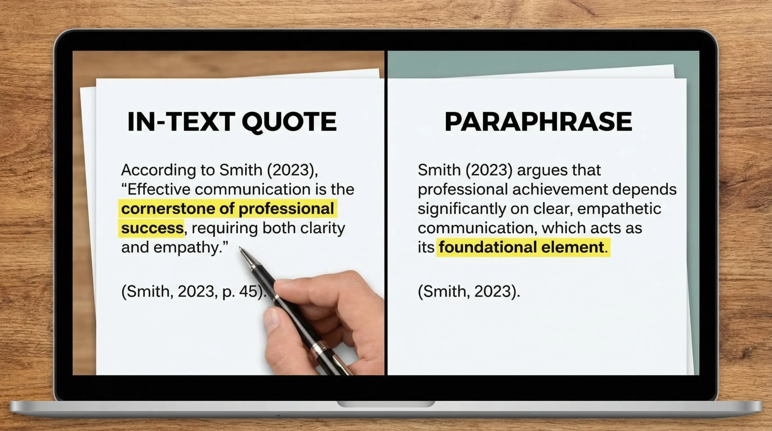 A side-by-side visual showing a properly formatted in-text quote with quotation marks and citation on the left, and a paraphrase with citation on the right, with minimal highlighted matching text.