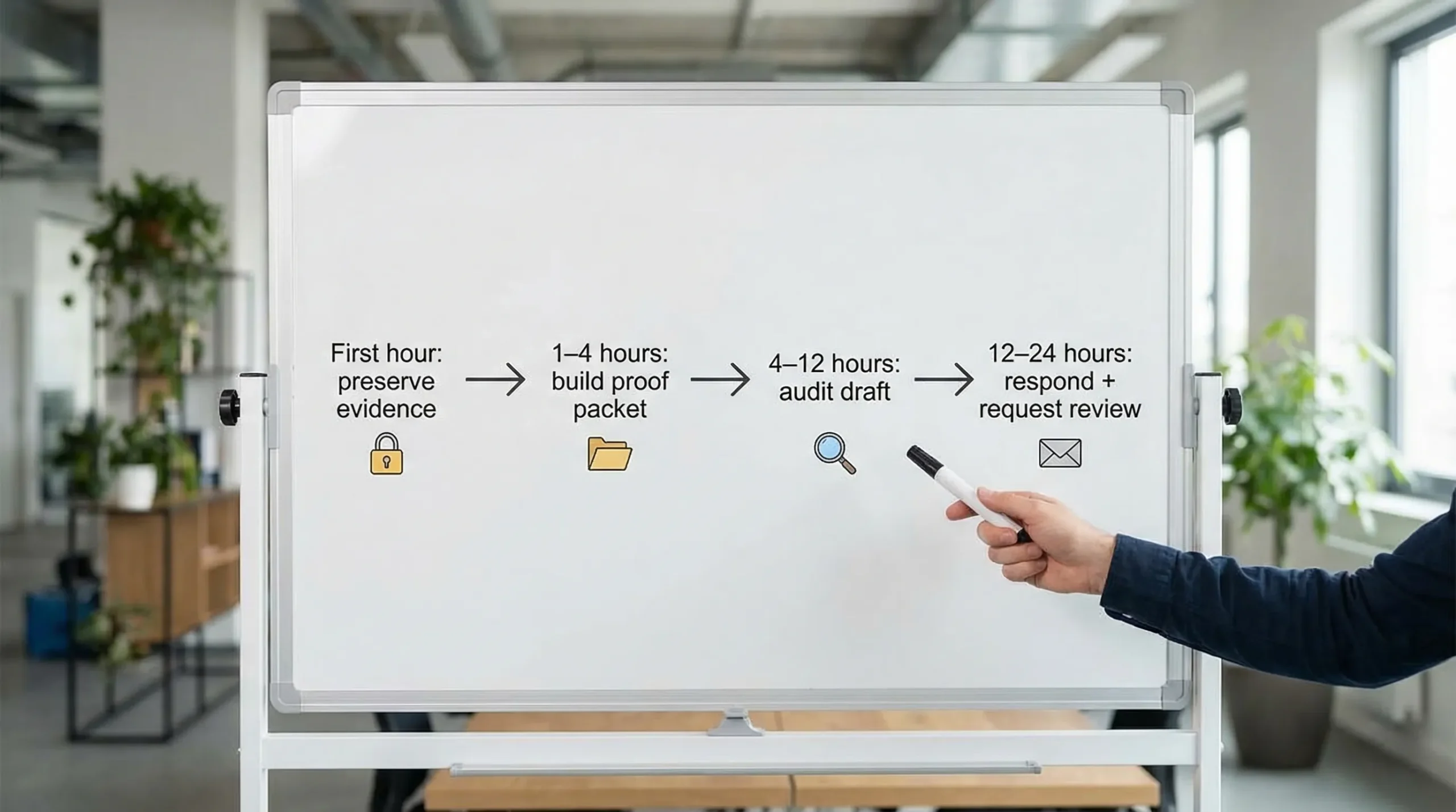 A simple 4-step timeline flowchart labeled “First hour: preserve evidence”, “1–4 hours: build proof packet”, “4–12 hours: audit draft”, “12–24 hours: respond + request review”, with small icons for a lock, folder, magnifying glass, and email.