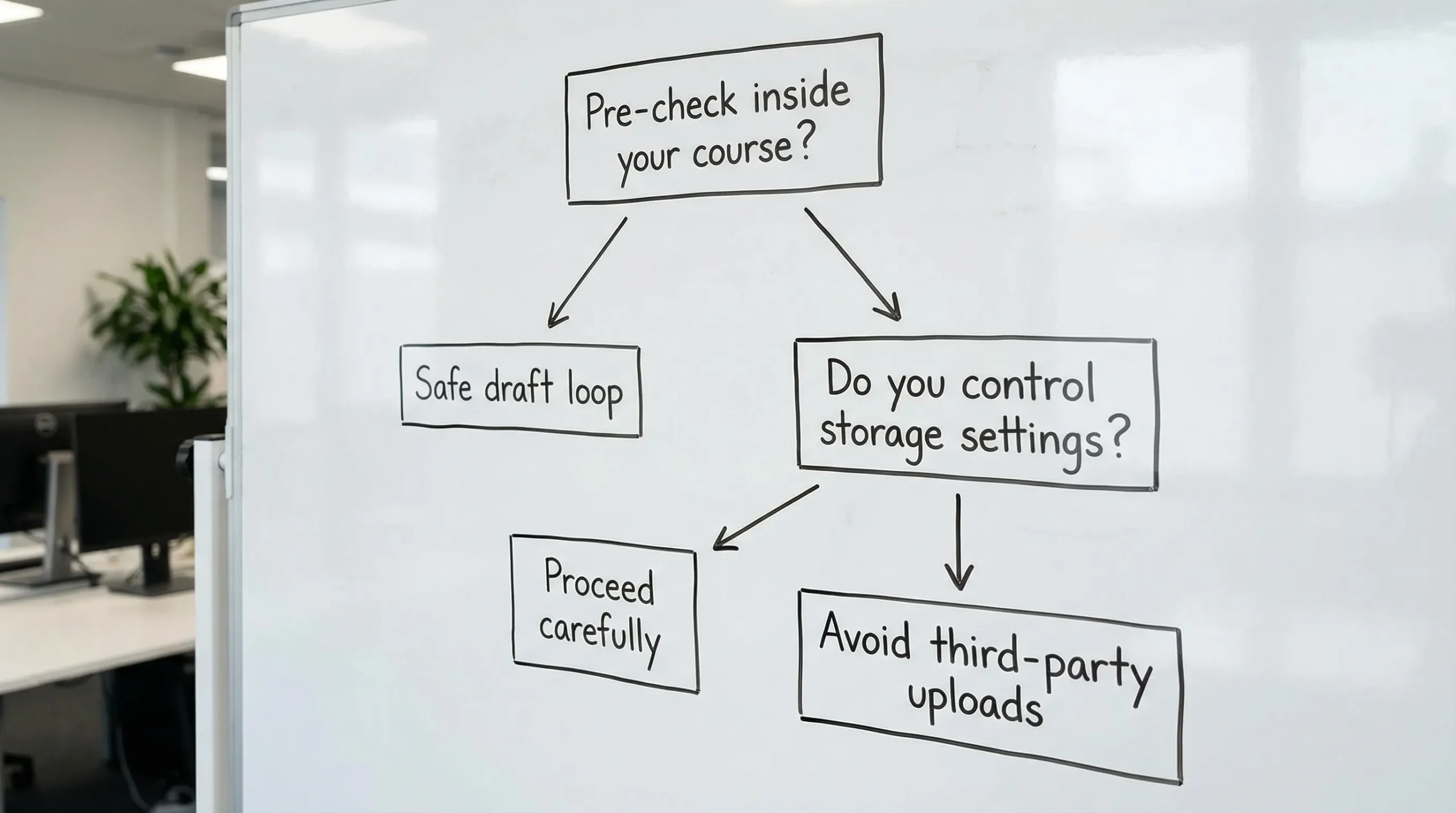 A simple decision flowchart showing four boxes: “Pre-check inside your course?” leading to “Safe draft loop,” otherwise “Do you control storage settings?” leading to “Proceed carefully,” otherwise “Avoid third-party uploads.” The style is clean and text-only.