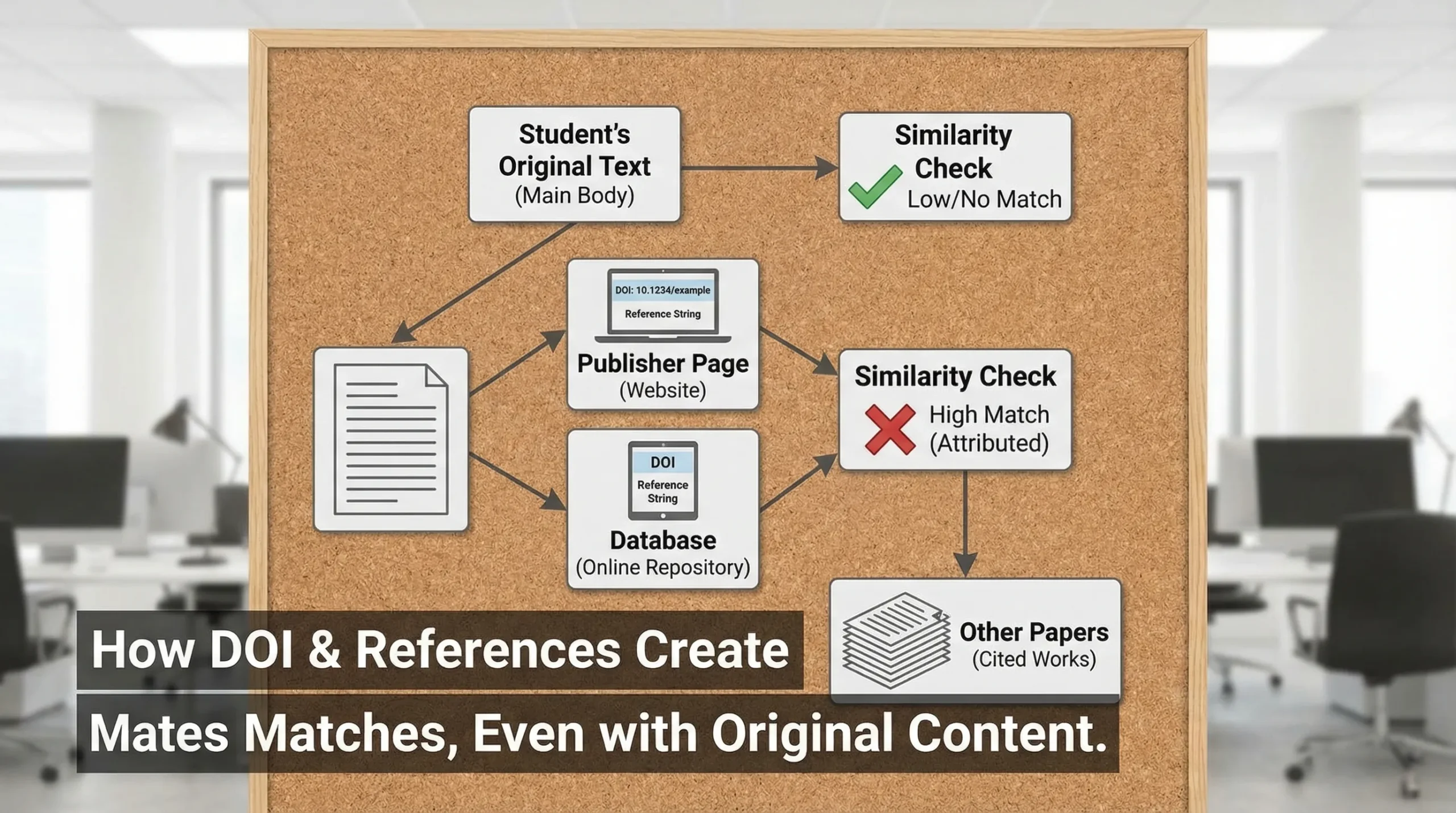 A simple diagram showing how a DOI and reference string can appear on publisher pages, databases, and other papers, leading to similarity matches even when the student’s main text is original.
