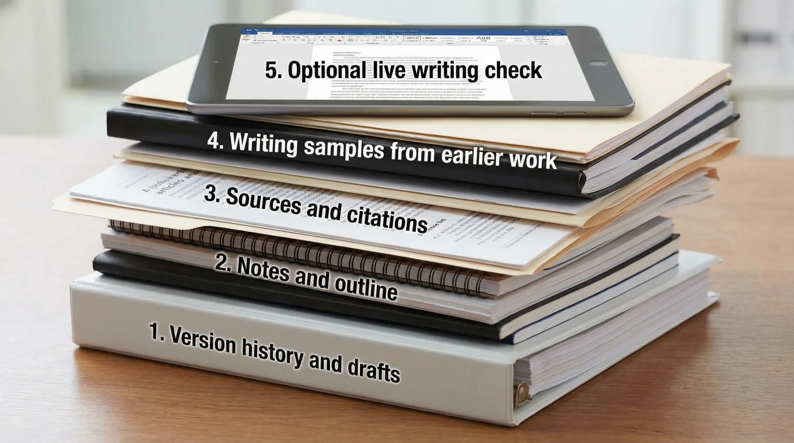 A simple “evidence stack” diagram showing layers labeled: (1) Version history and drafts, (2) Notes and outline, (3) Sources and citations, (4) Writing samples from earlier work, (5) Optional live writing check.