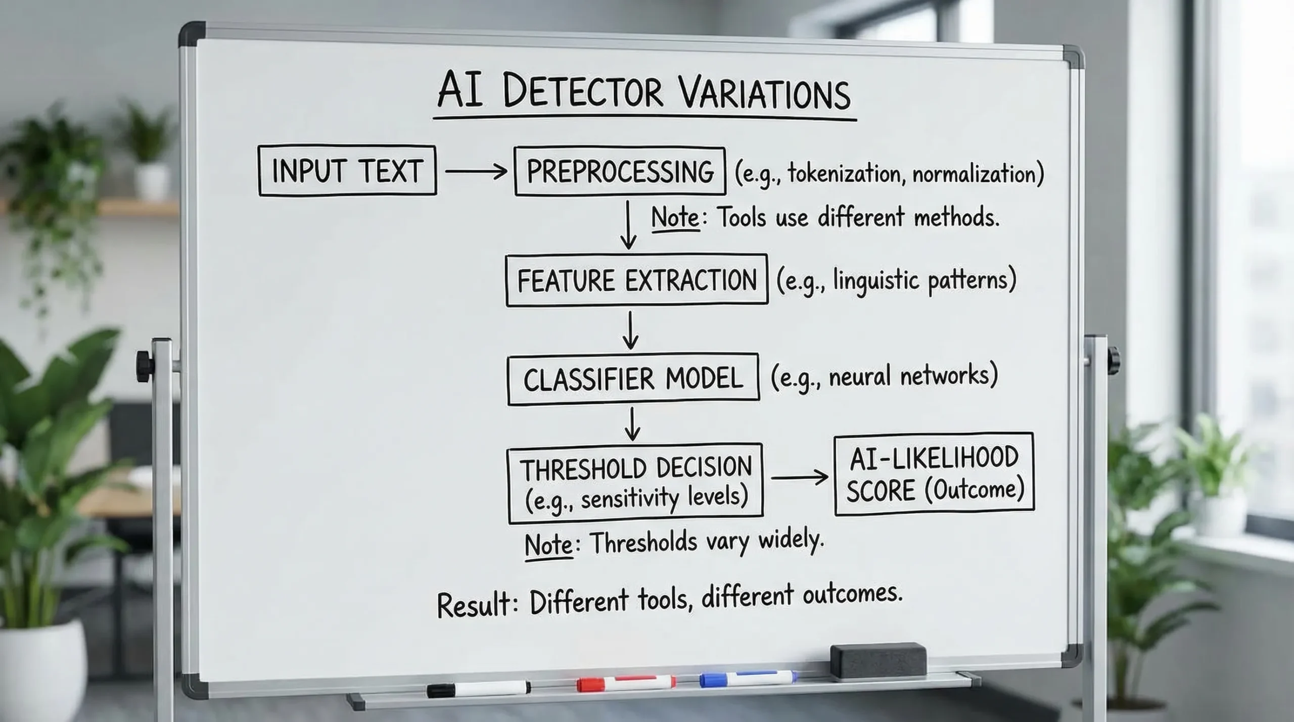A simple flowchart showing why AI detector results differ: input text goes through preprocessing, feature extraction, a classifier model, then a threshold decision, producing an AI-likelihood score. The chart highlights that different tools use different preprocessing and thresholds, leading to different outcomes.