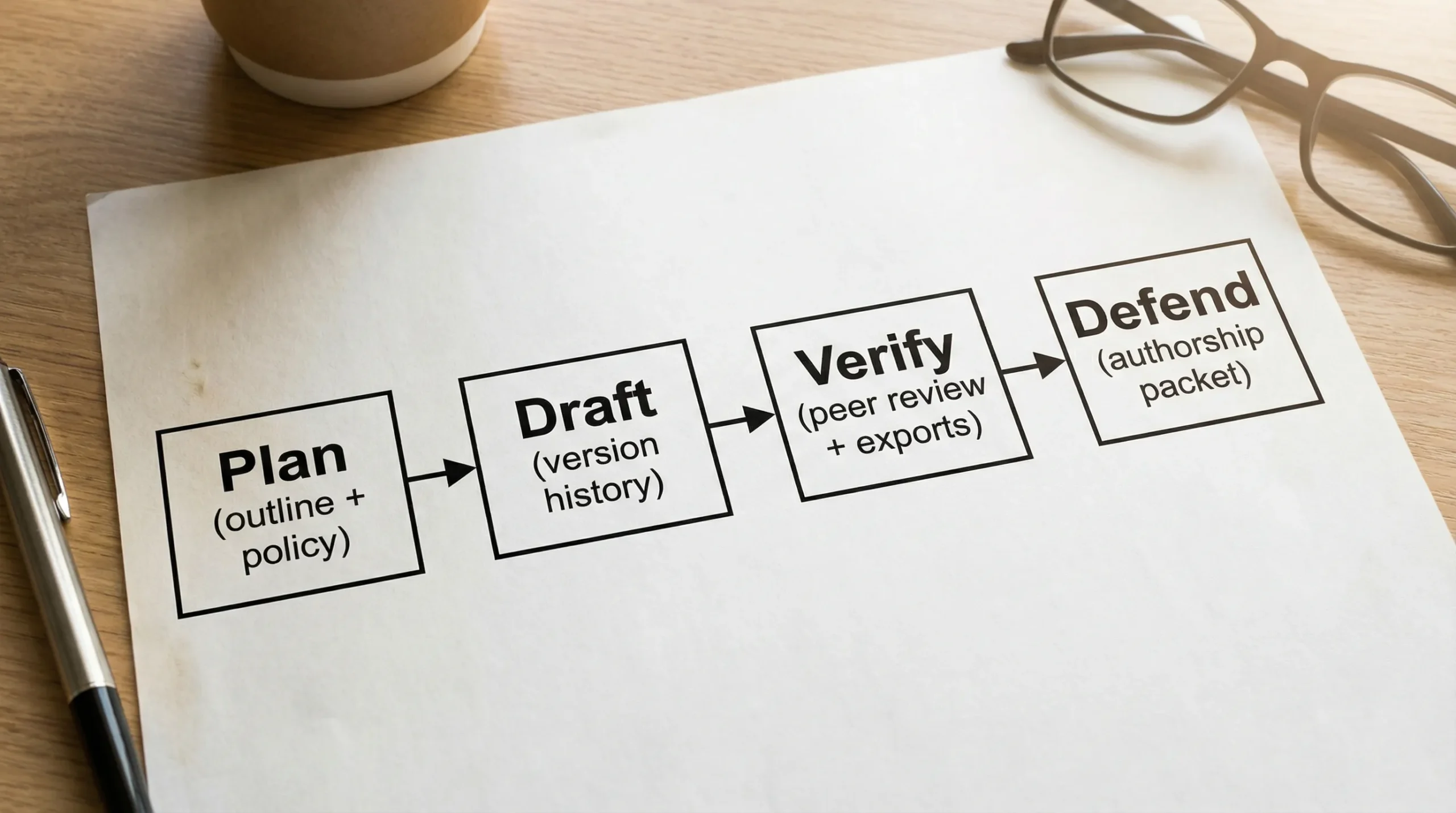 A simple four-step flow diagram labeled: Plan (outline + policy), Draft (version history), Verify (peer review + exports), Defend (authorship packet).