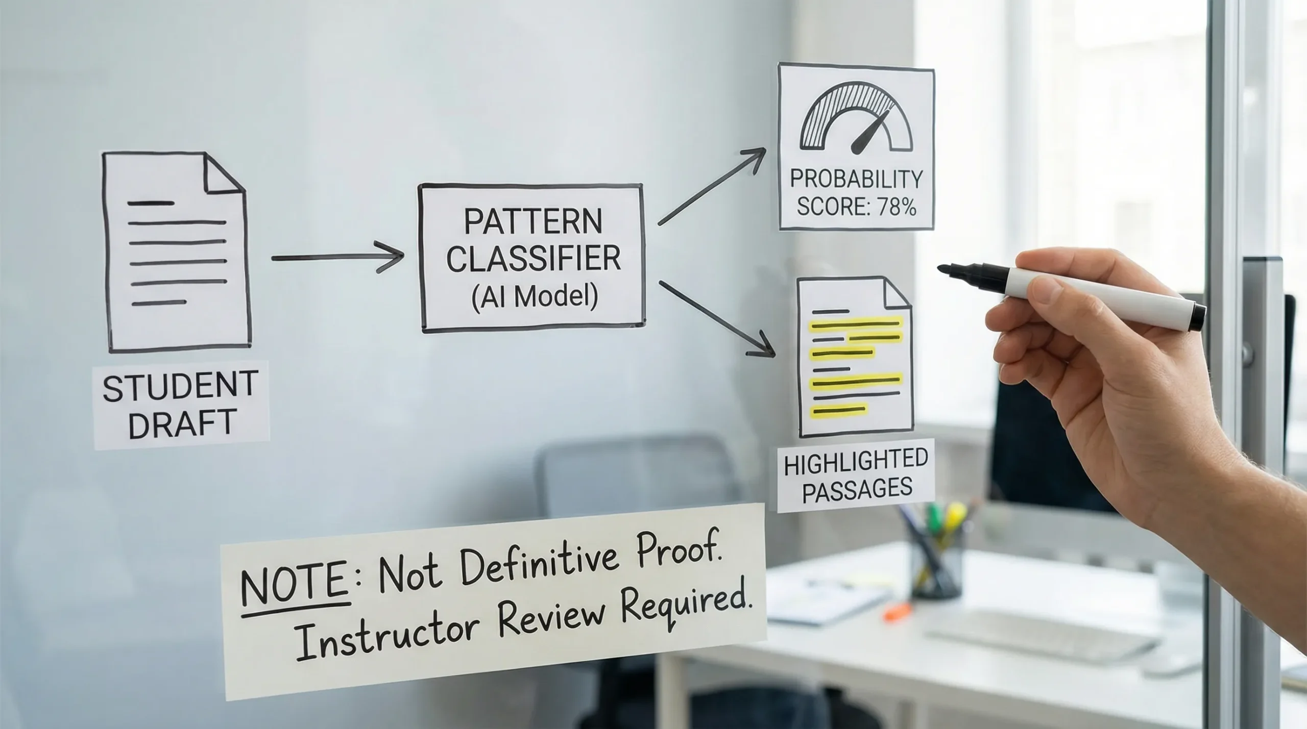 A simple illustration showing Turnitin AI detection as a pipeline: student draft goes into “pattern classifier,” which outputs a probability score and highlighted passages, alongside a note that it is not definitive proof.
