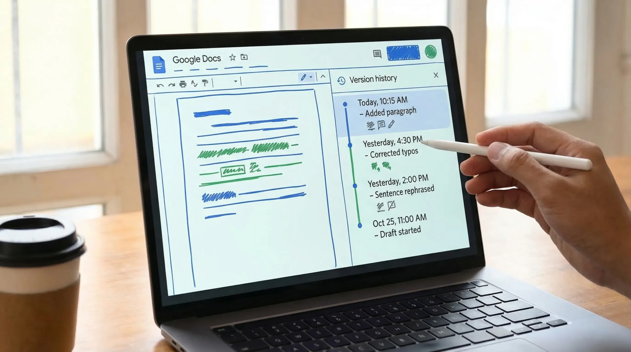 A simplified illustration of a Google Docs version history side panel showing a timeline with multiple timestamps and small incremental edits, highlighting a natural drafting process rather than a single large paste.