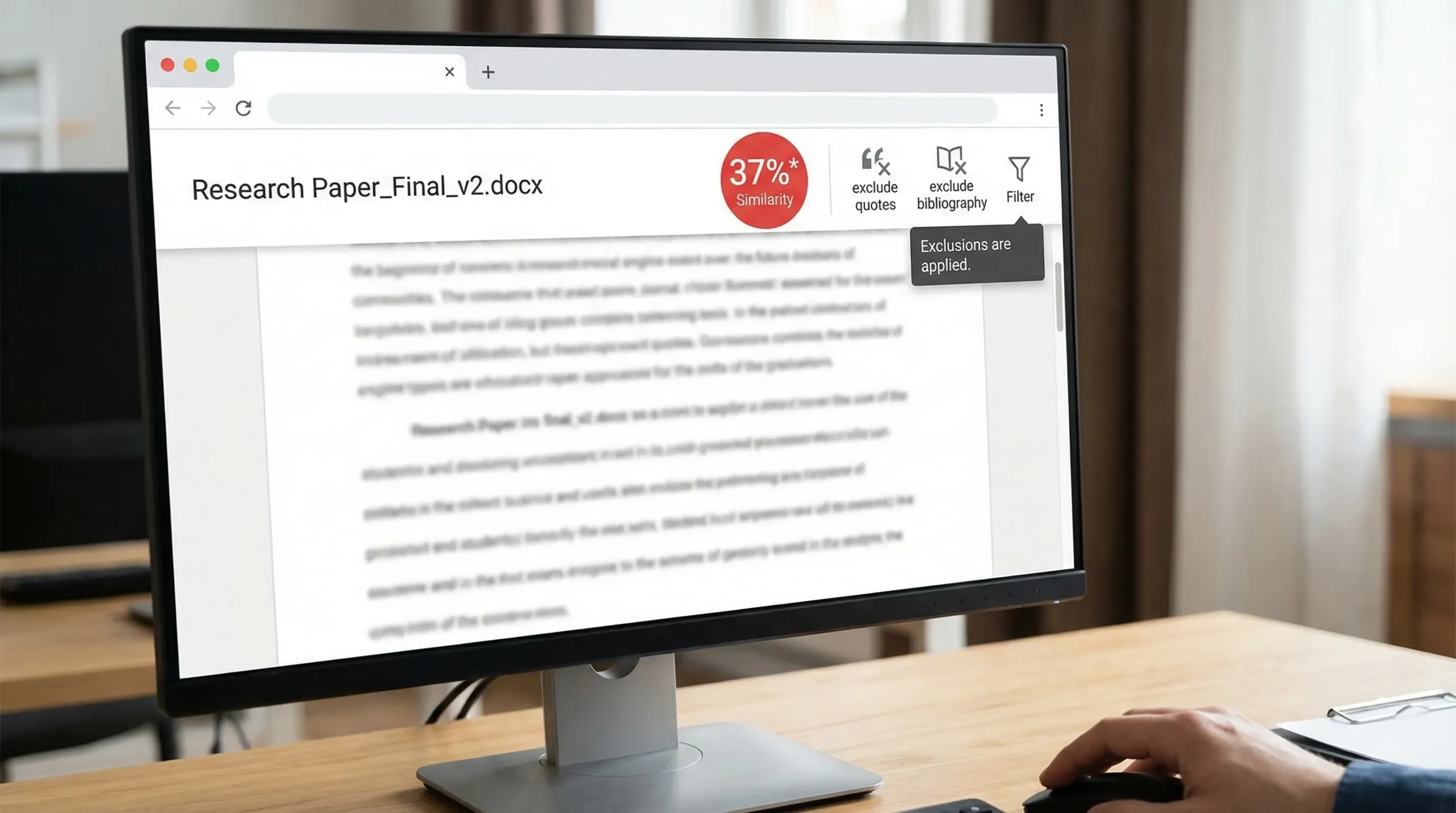 A simplified illustration of a Turnitin-style document viewer header showing a similarity percentage badge with an asterisk, alongside icons for filters like “exclude quotes” and “exclude bibliography,” with a small tooltip explaining that exclusions are applied.