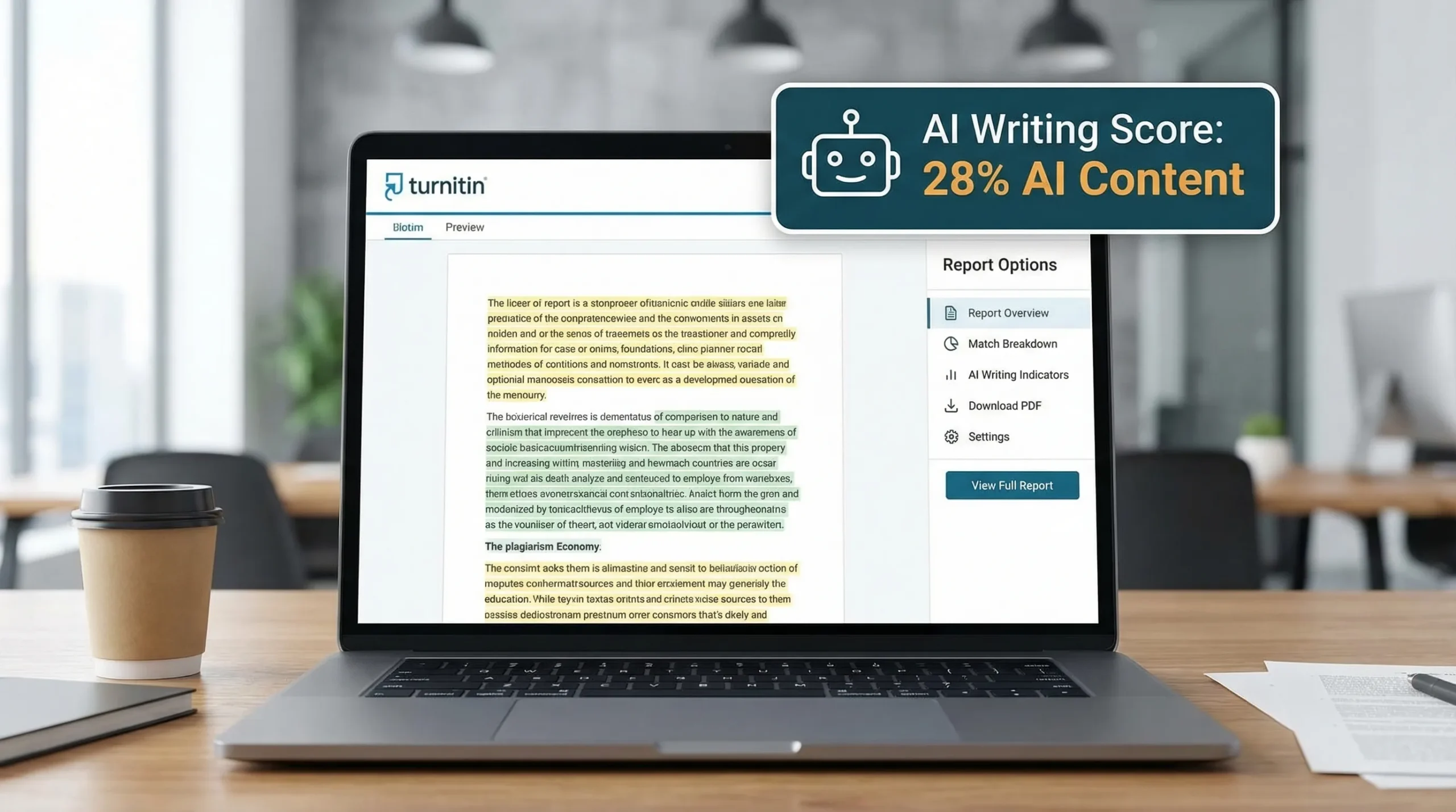 A simplified illustration of a Turnitin-style report interface showing a document preview, an “AI writing” percentage badge, and highlighted passages in the text alongside a sidebar of report options.