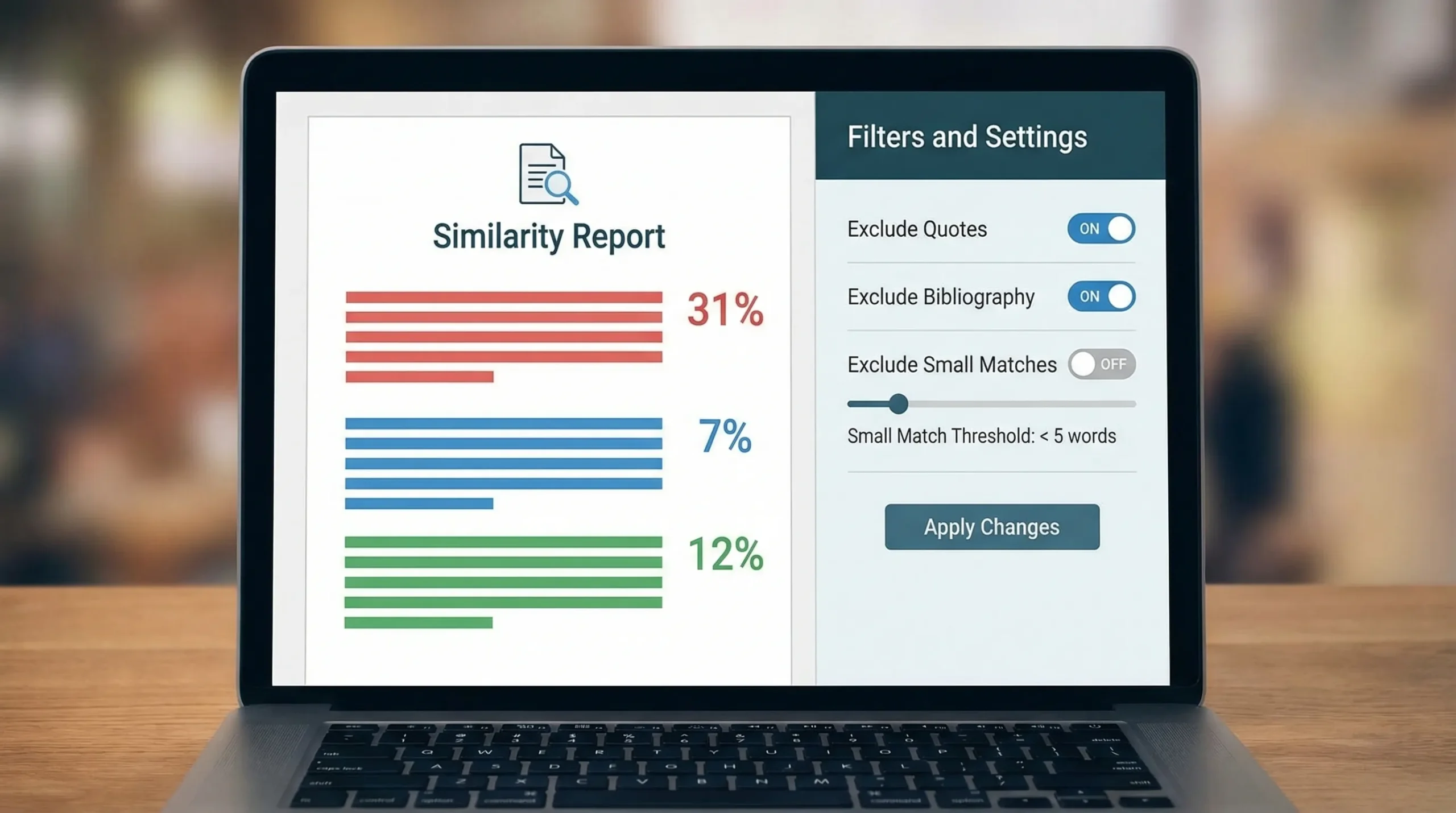 A simplified illustration of a Turnitin-style Similarity Report interface showing highlighted matches on the left and a “Filters and Settings” panel on the right with toggles for Exclude Quotes, Exclude Bibliography, and Exclude Small Matches.