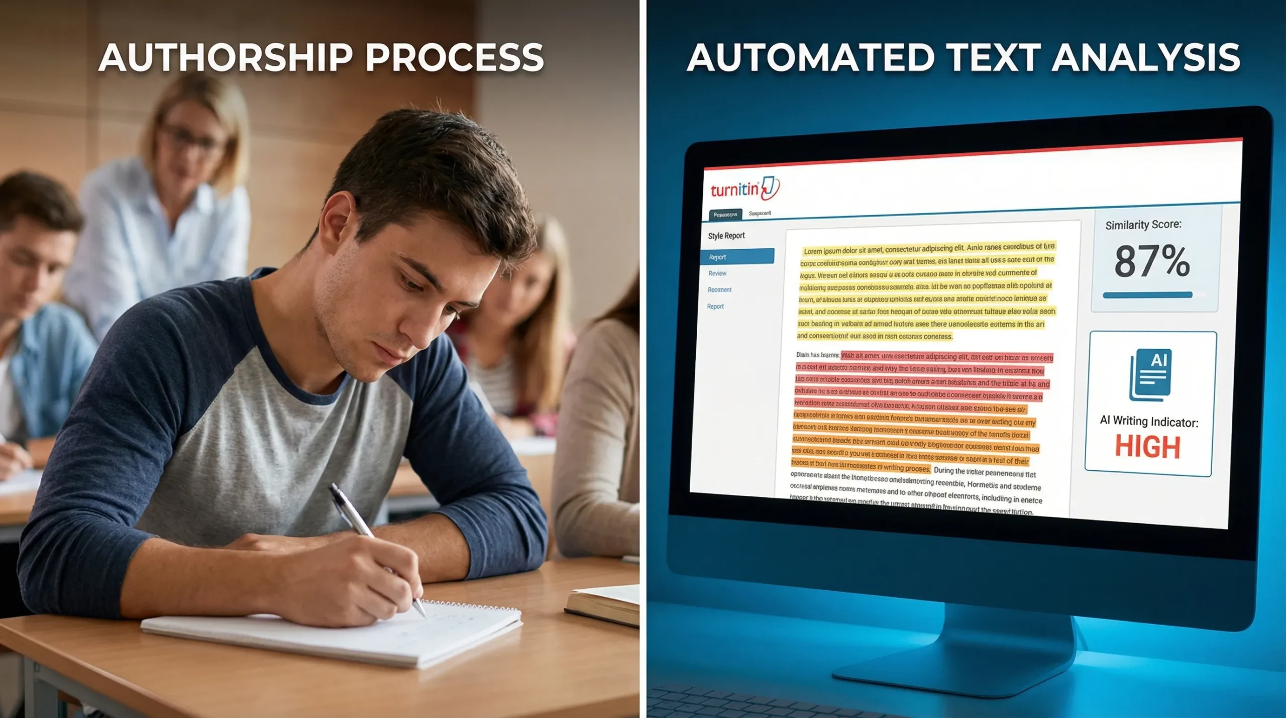 A split-scene illustration showing a student writing in a supervised classroom on the left, and a Turnitin-style report screen with highlighted passages and an AI indicator on the right, emphasizing the difference between authorship process and automated text analysis.