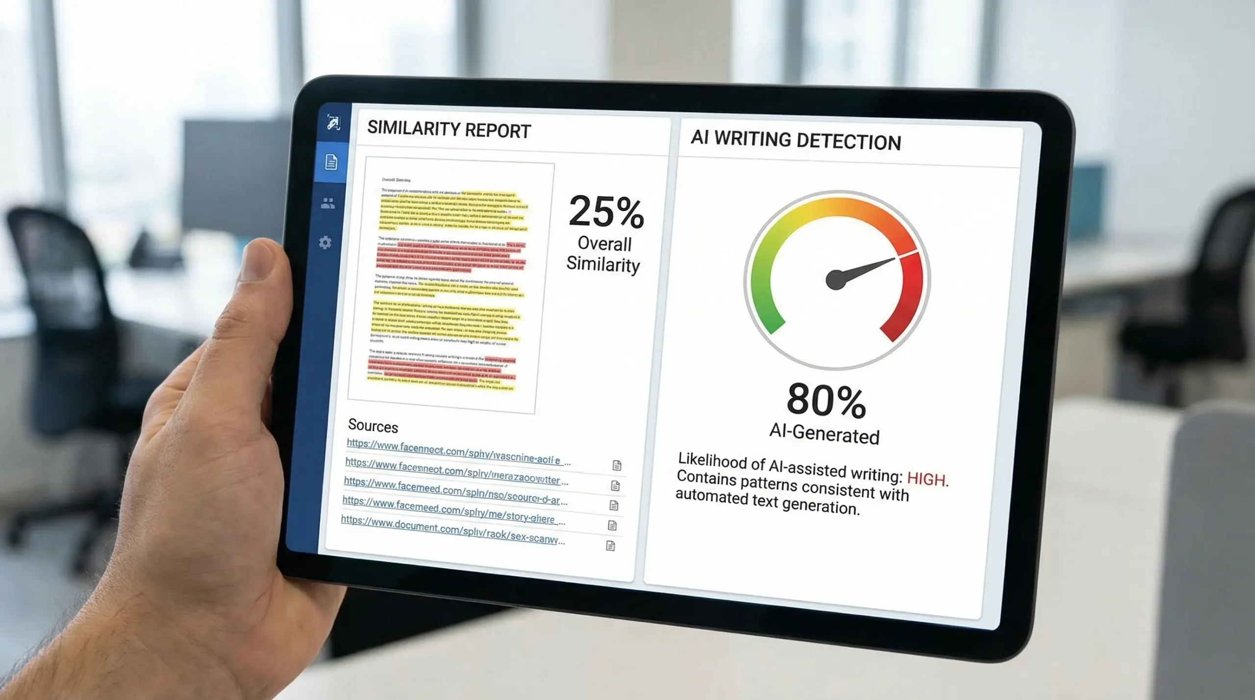 A split-screen conceptual view of a Turnitin-style report: on the left, a Similarity percentage with highlighted matched passages and source list; on the right, an AI writing percentage with a gauge and short explanation of “likelihood of AI-assisted writing.”