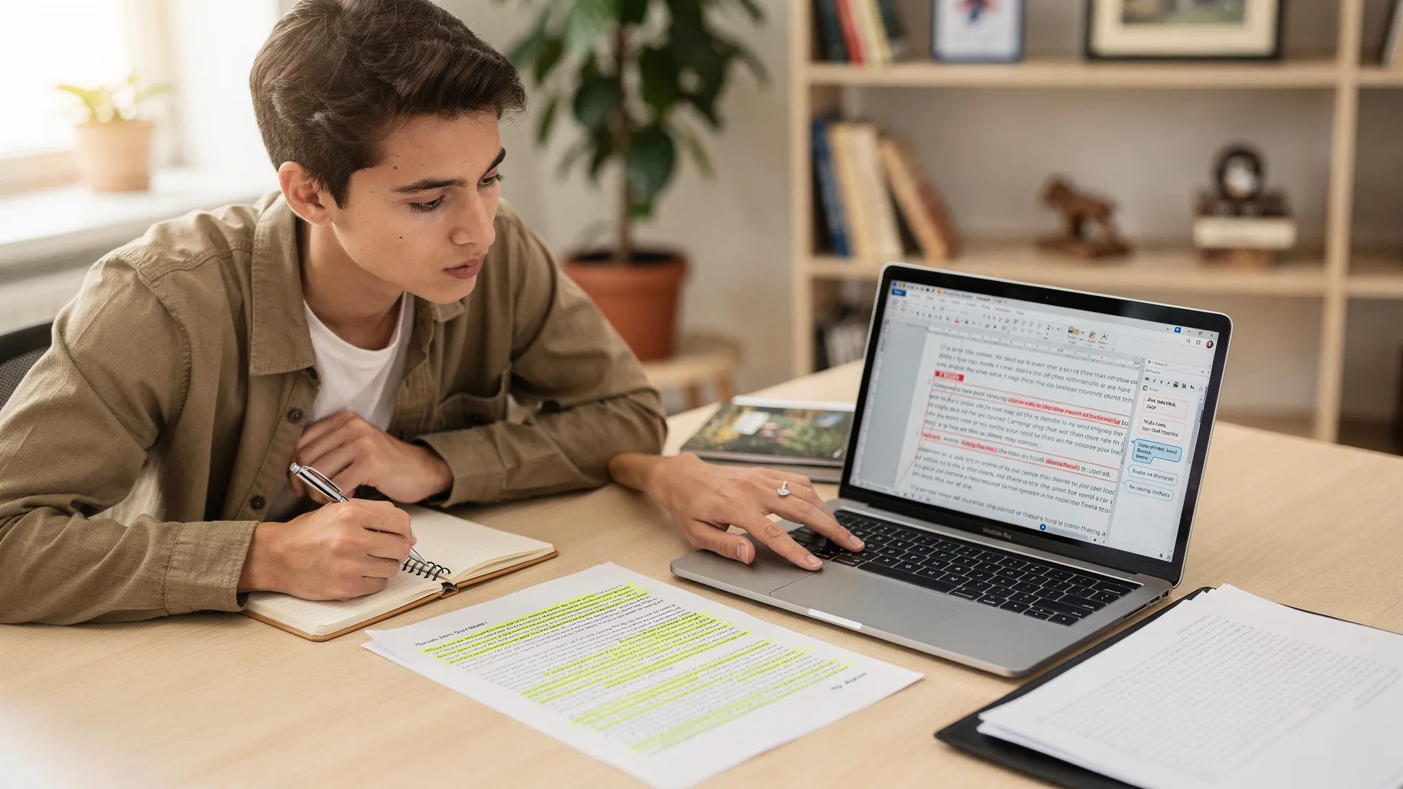 A student and an instructor sitting at a desk reviewing a printed writing report with several paragraphs highlighted, alongside a laptop showing a document editor with tracked changes and a folder of drafts.