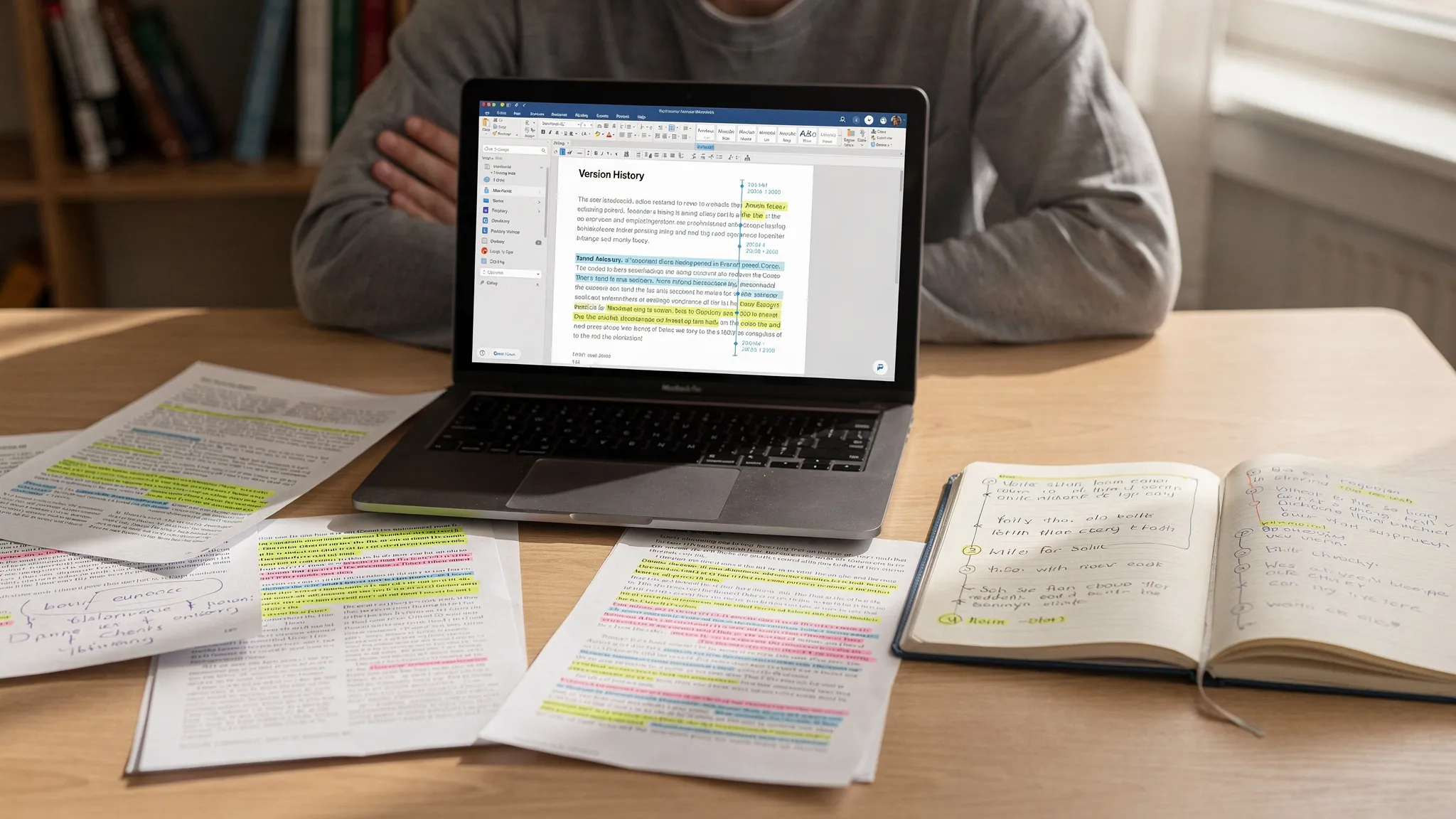 A student sits at a desk with printed notes and highlighted research articles beside a laptop showing a document’s version history timeline; a notebook with an outline and timestamps is visible to emphasize the writing process.