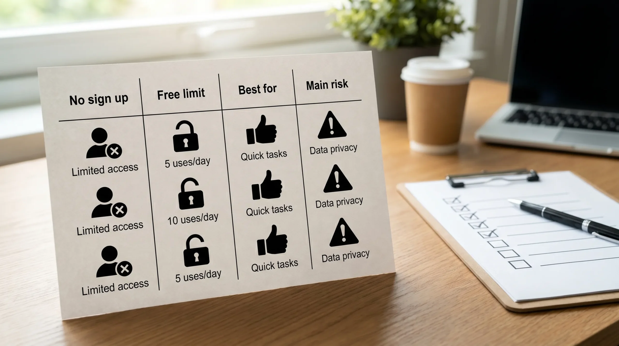 A clean comparison table layout on a desk, showing columns for “No sign up,” “Free limit,” “Best for,” and “Main risk,” with generic tool icons and a simple checklist beside it.