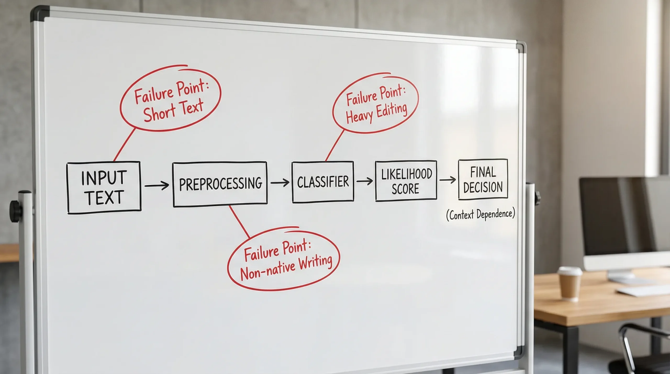 A simple diagram showing an AI detection pipeline: input text goes through preprocessing, then a classifier produces a likelihood score, and a final decision depends on context. Include callouts for common failure points like short text, non-native writing, and heavy editing.