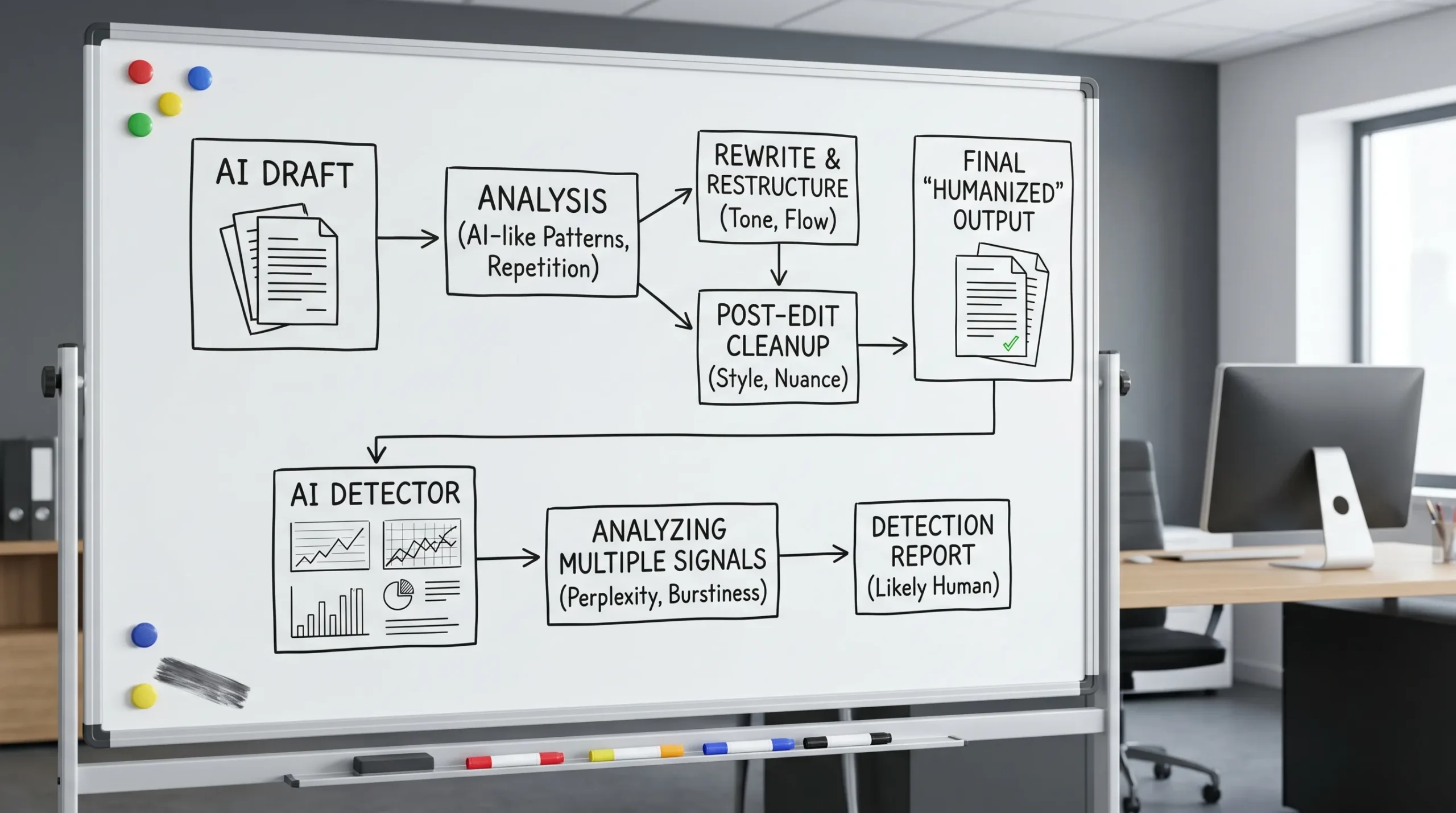 A simple diagram showing an AI humanizer pipeline: input AI draft, analysis of AI-like patterns, rewrite and restructure, post-edit cleanup, final “humanized” output, with a parallel branch showing an AI detector analyzing the same output for multiple signals.