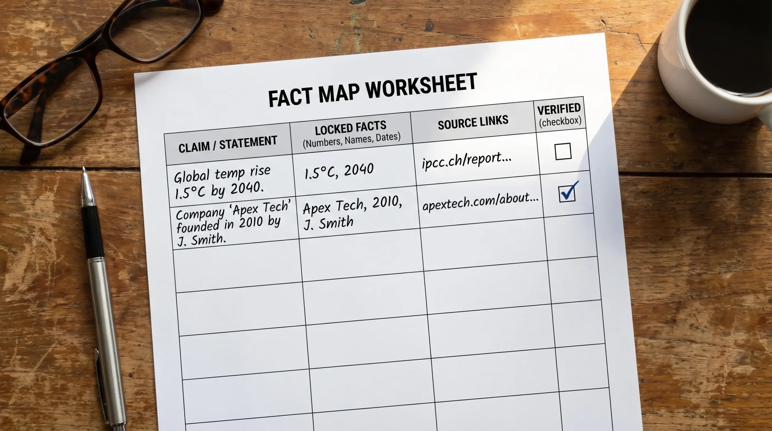 A simple “fact map” worksheet on a desk: a document with a table listing claims, locked facts (numbers, names, dates), source links, and a checkbox for verification.
