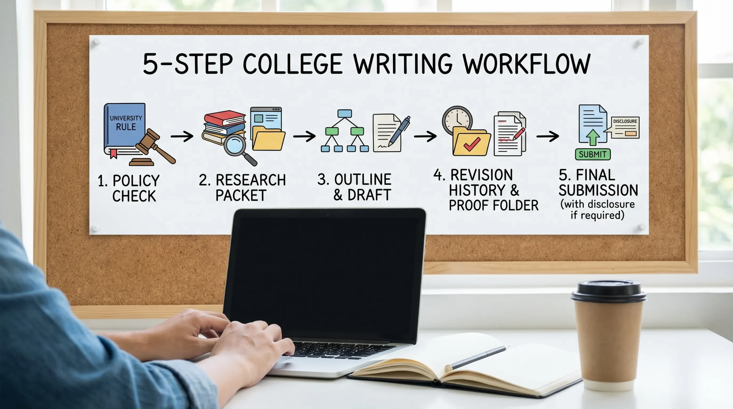 A simple five-step college writing workflow diagram showing: Policy check, Research packet, Outline and draft, Revision history and proof folder, Final submission with disclosure if required.