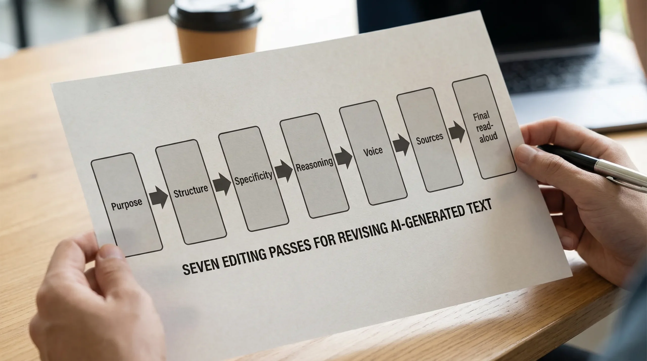 A simple flow diagram showing seven editing passes for revising AI-generated text: Purpose, Structure, Specificity, Reasoning, Voice, Sources, Final read-aloud. Each pass is a labeled box connected left-to-right.