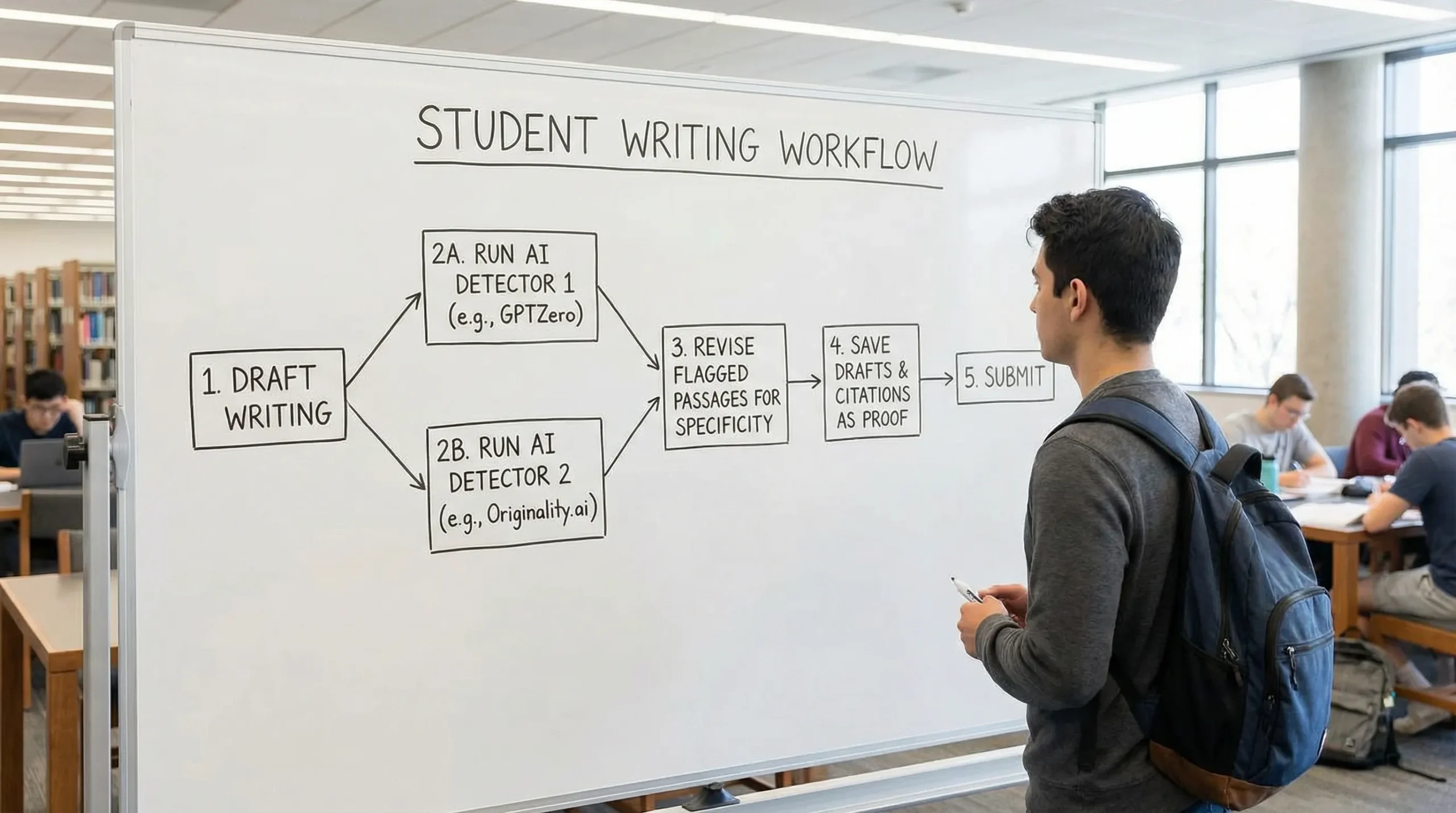 A simple flowchart showing a student workflow: Draft writing, run two AI detectors, revise flagged passages for specificity, save drafts and citations as proof, then submit.