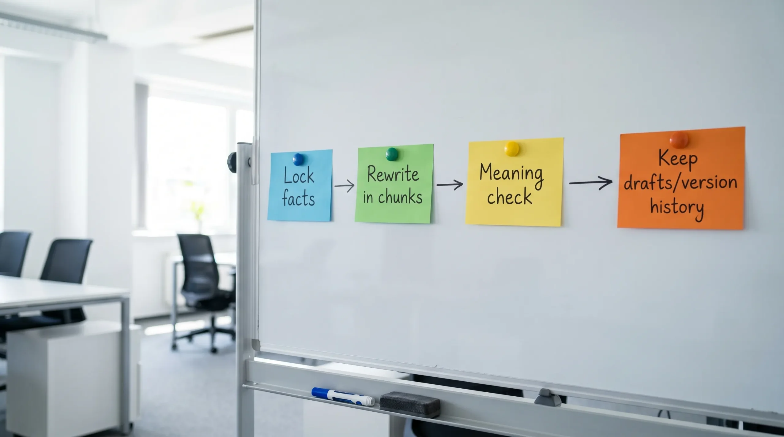 A simple four-step workflow diagram with boxes labeled “Lock facts,” “Rewrite in chunks,” “Meaning check,” and “Keep drafts/version history,” connected by arrows.