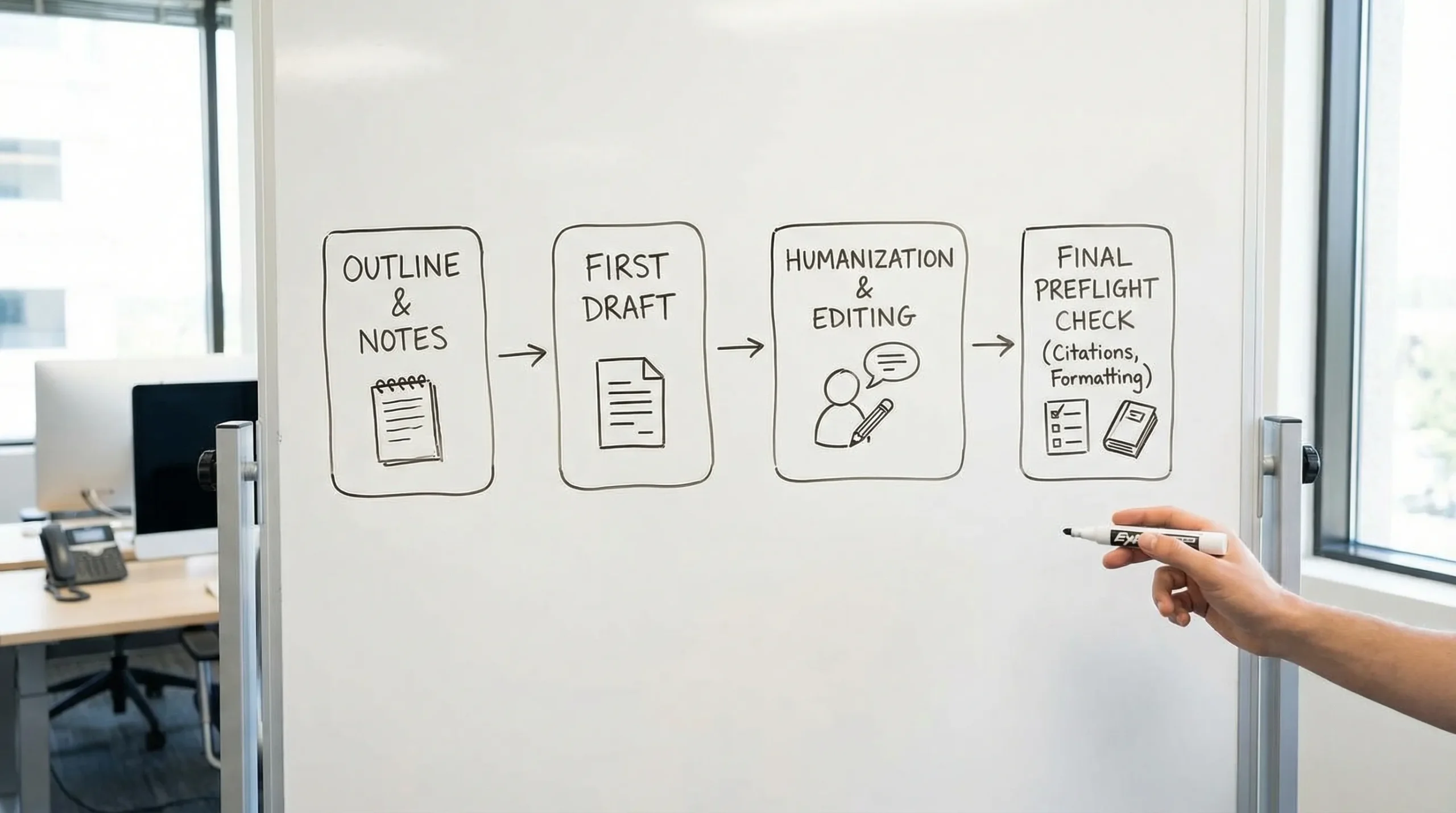 A simple workflow diagram showing a draft moving through four stages: outline and notes, first draft, humanization and editing, then a final preflight check with citations and formatting.