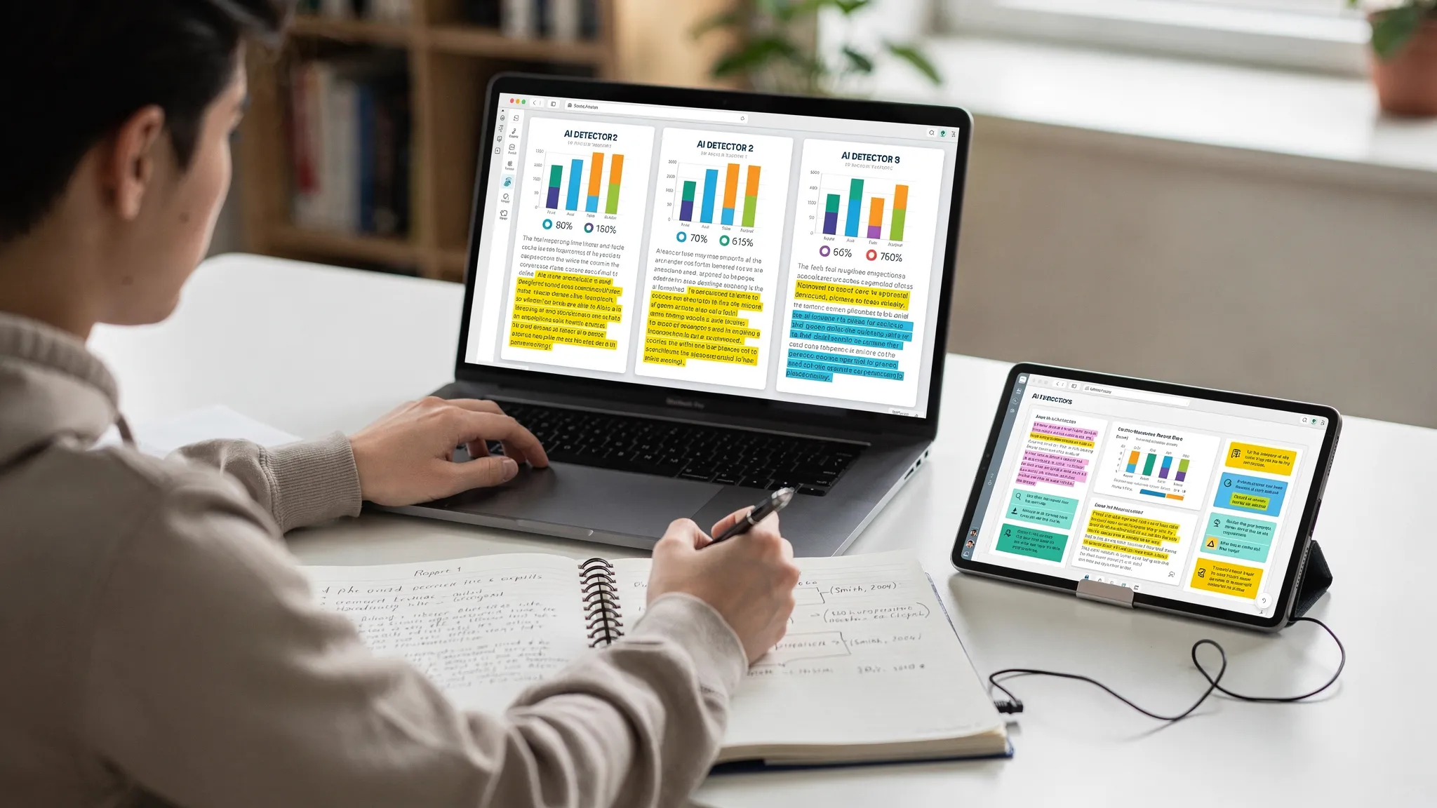 A student at a desk comparing three AI detector reports side by side on a laptop and tablet, with highlighted passages and a notebook showing an outline, citations, and draft timestamps.