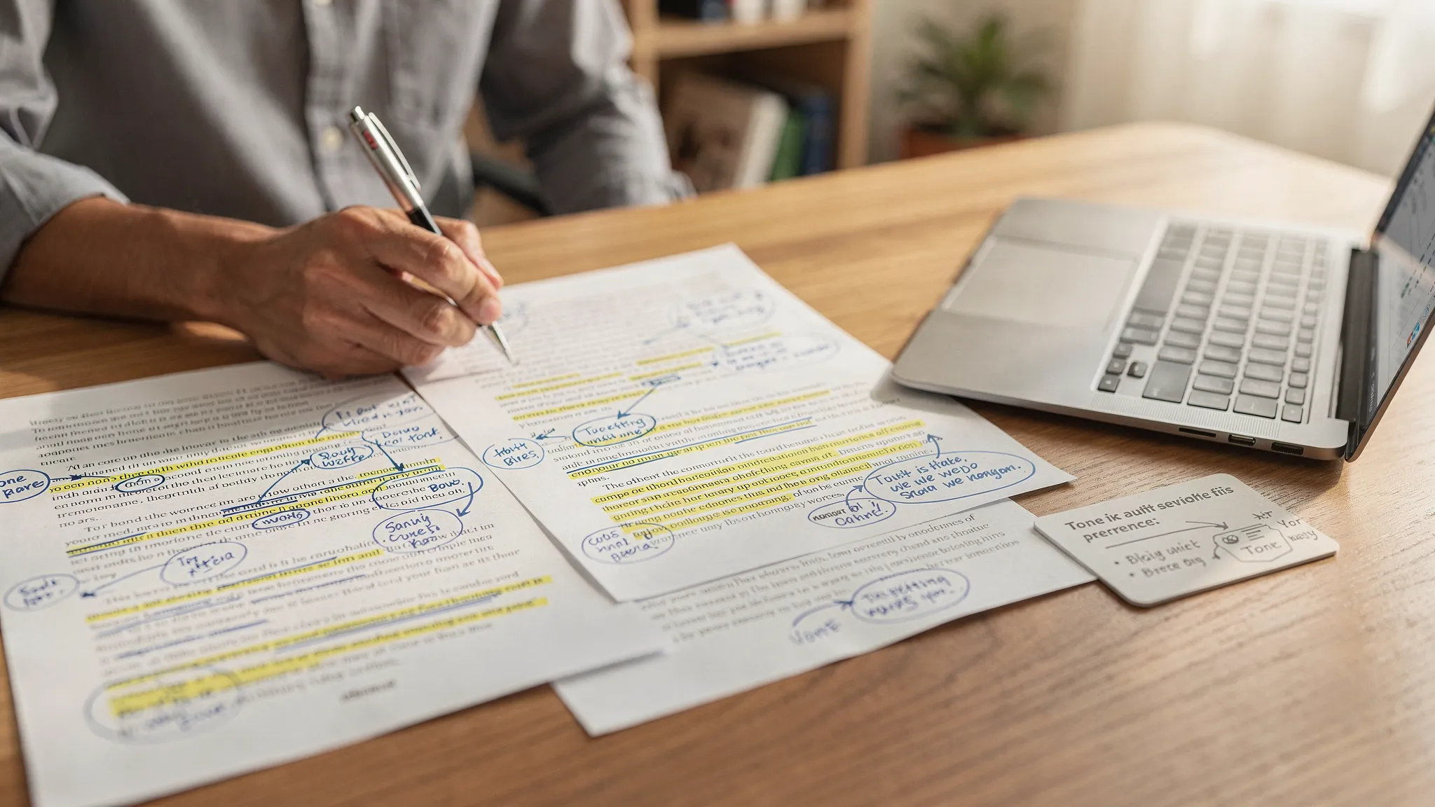 A writer marking up a printed AI draft with handwritten notes, a voice card, and highlighted phrases that show personal style choices beside a laptop on a desk.