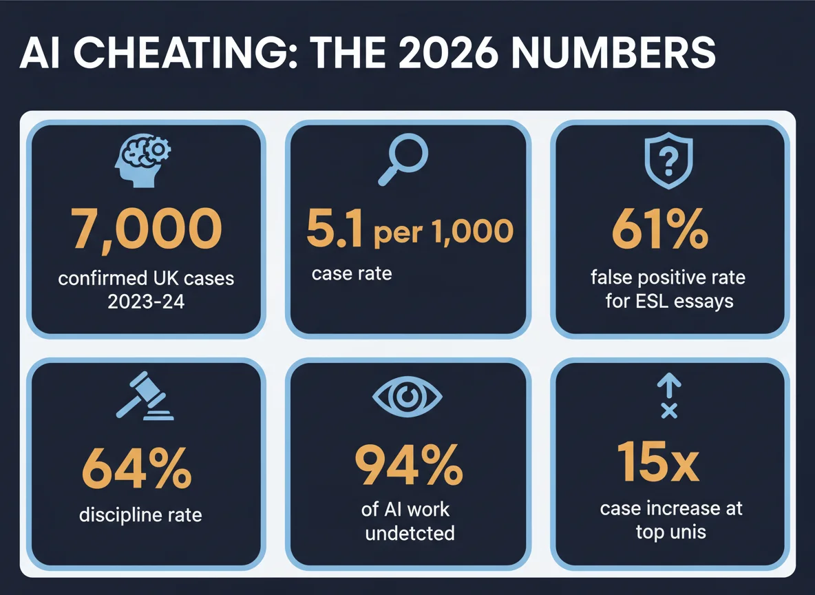 Infographic showing six key AI cheating statistics for 2026