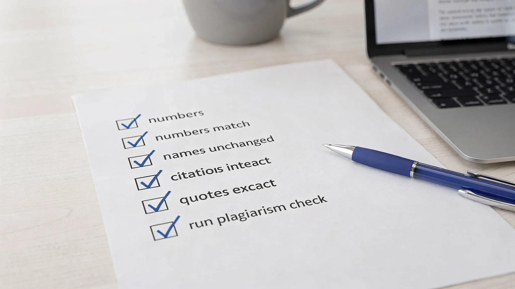 An editor’s checklist next to a laptop: items like “numbers match,” “names unchanged,” “citations intact,” “quotes exact,” and “run plagiarism check,” with boxes ticked.