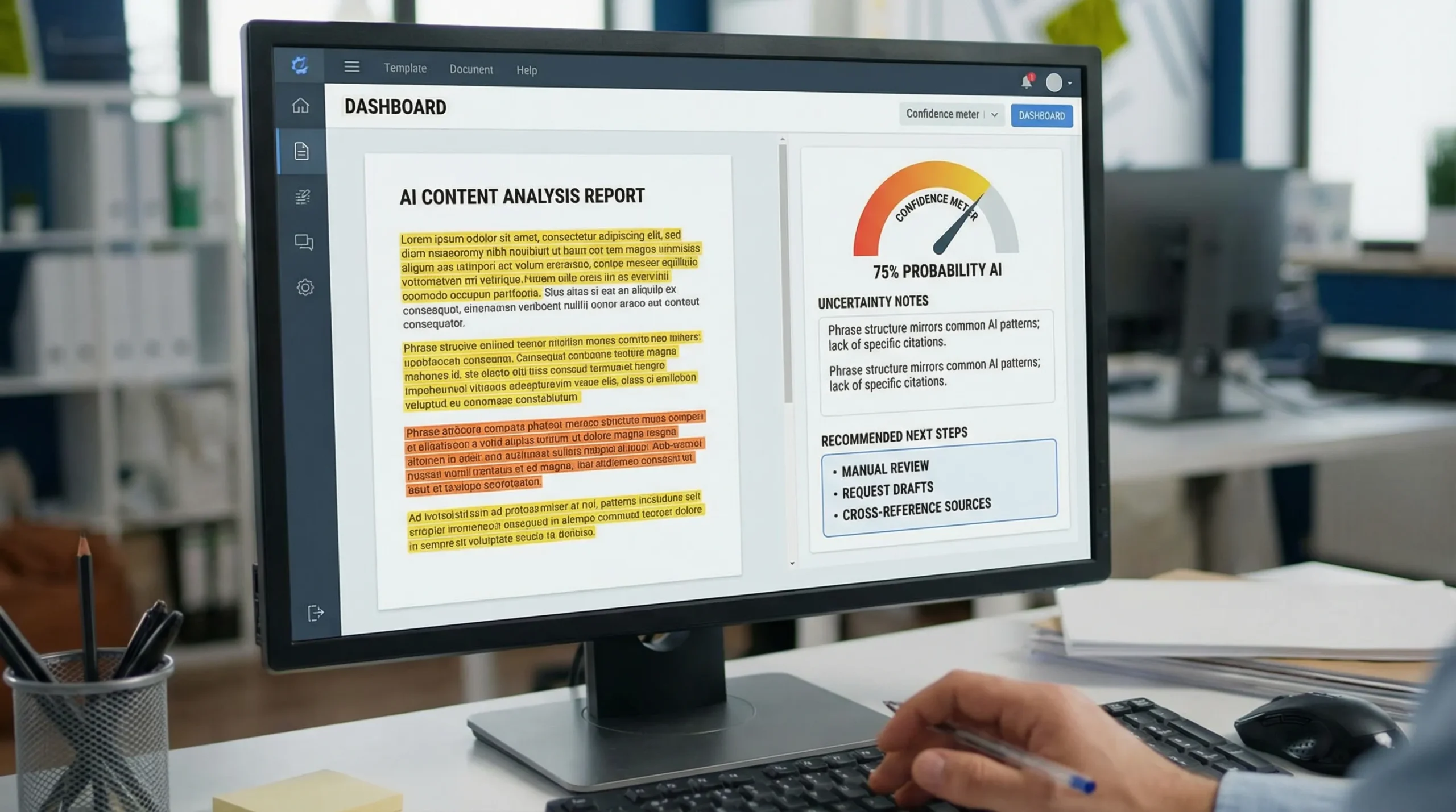 An illustrative AI detection report view showing a document with highlighted passages, a confidence meter, and notes about uncertainty and recommended next steps like manual review and requesting drafts.