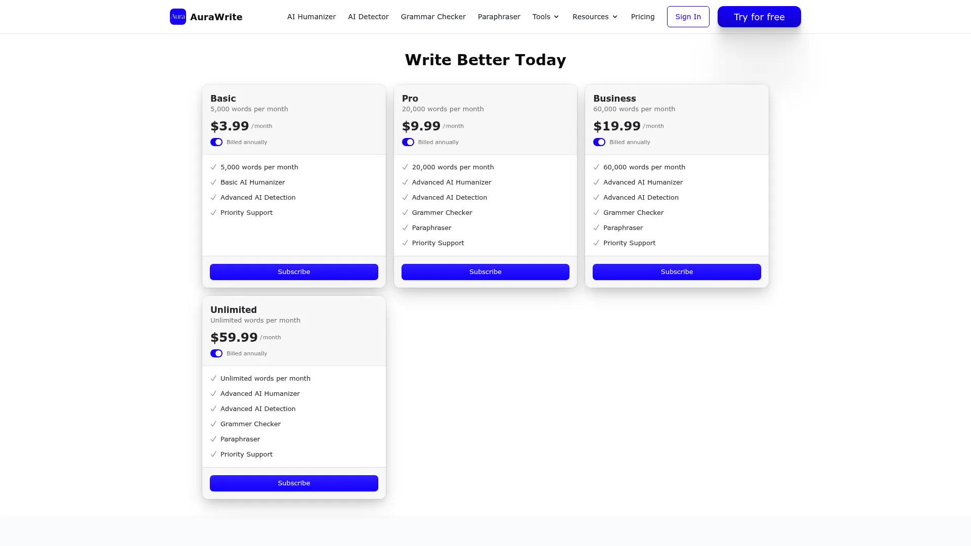 AuraWrite Review - Pricing Screenshot
