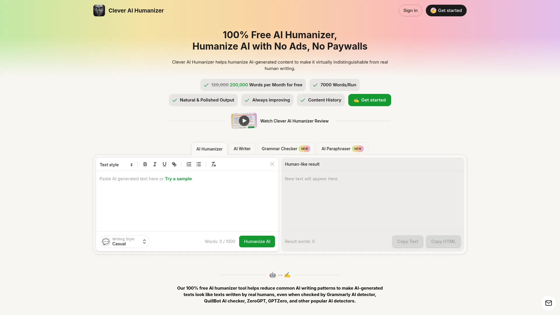 Clever AI Humanizer Review - Homepage Screenshot