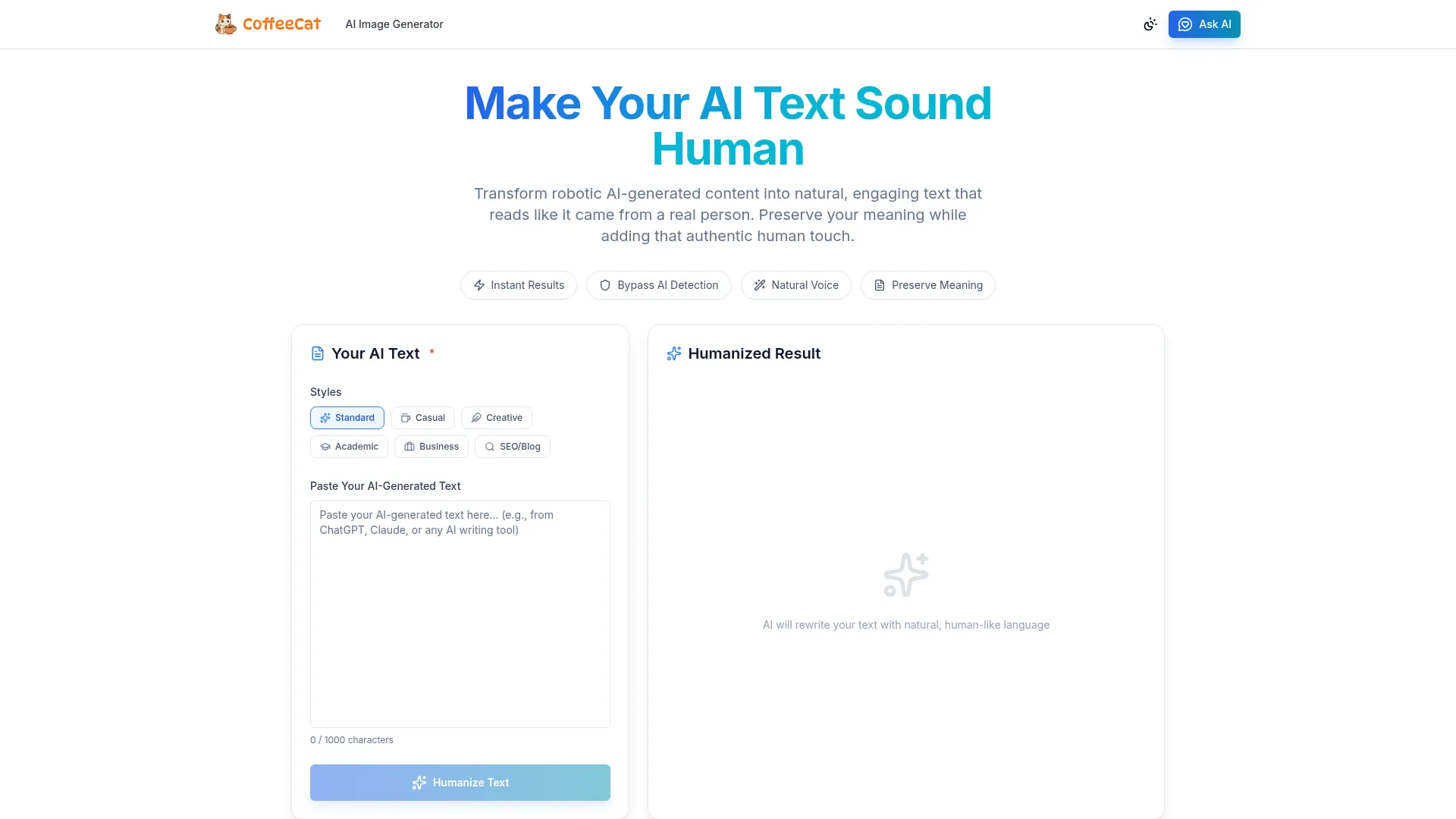 CoffeeCatai AI Humanizer Review - Homepage Screenshot
