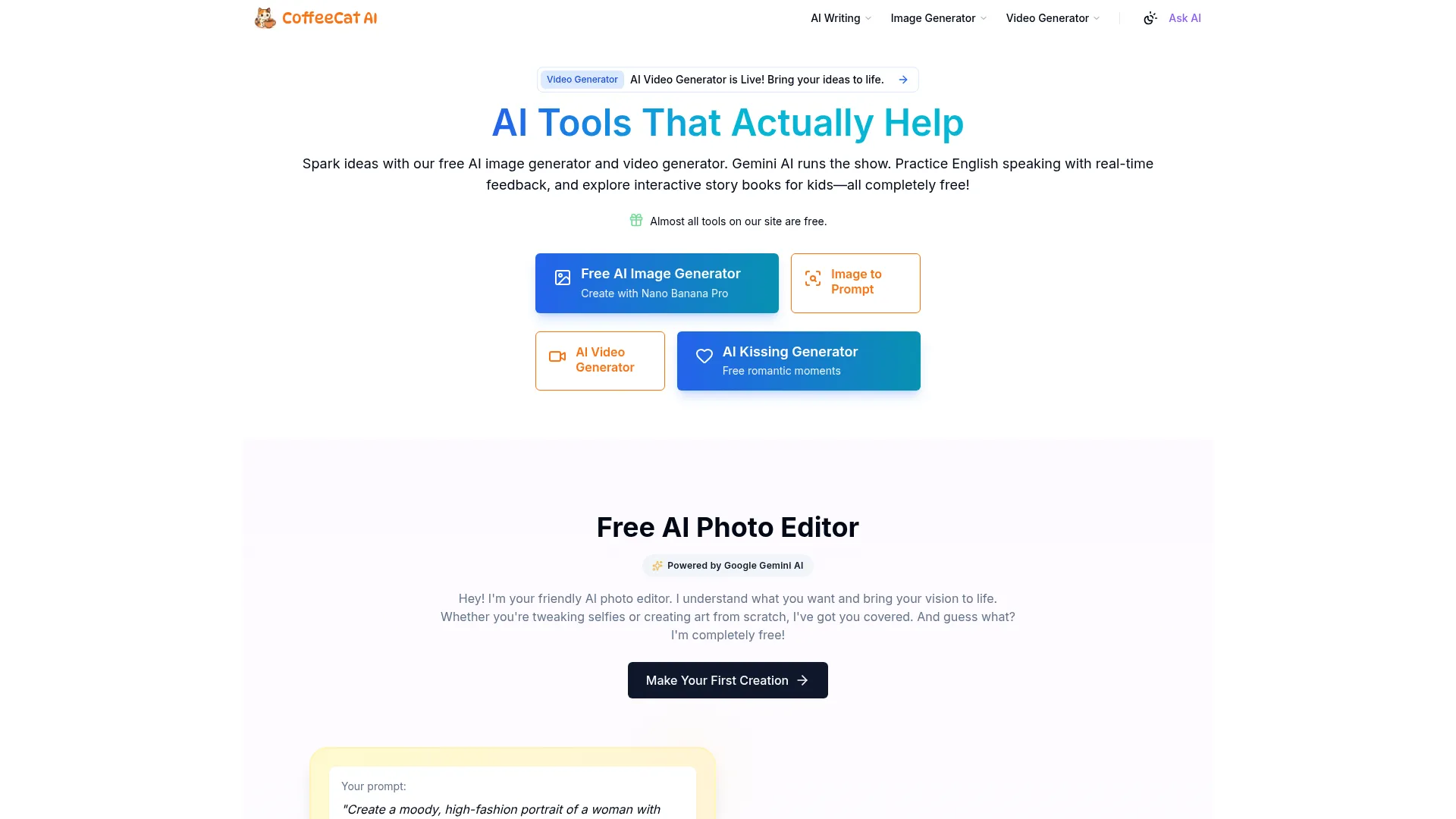CoffeeCatai AI Humanizer Review - Homepage Screenshot