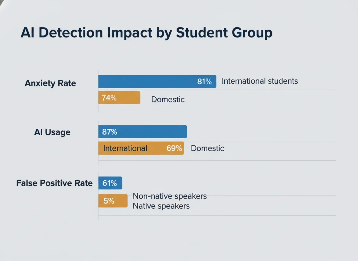 AI detection anxiety comparison between international and domestic students showing disparity in anxiety rates, usage, and false positive rates