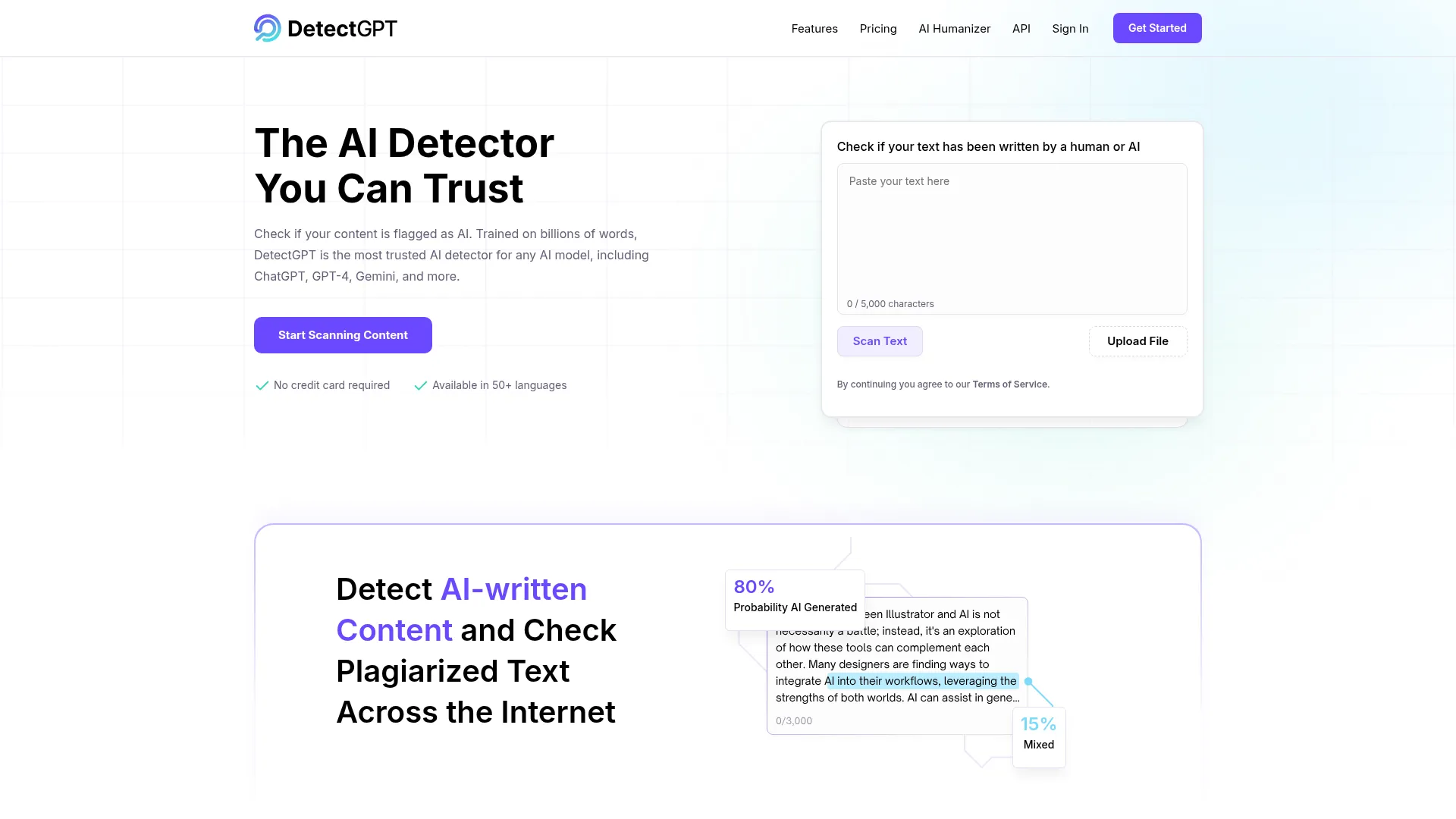 DetectGPT Review - Homepage Screenshot