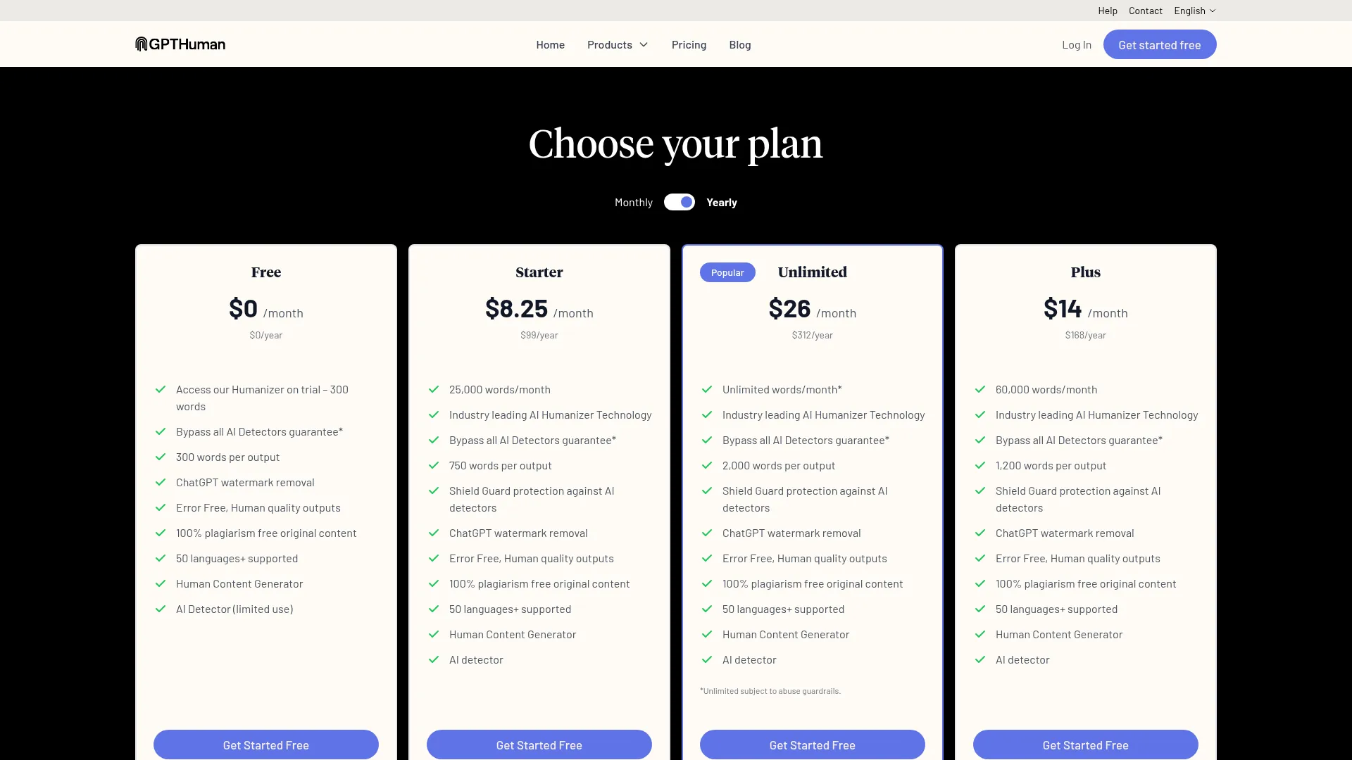 GPTHuman Review - Pricing Screenshot