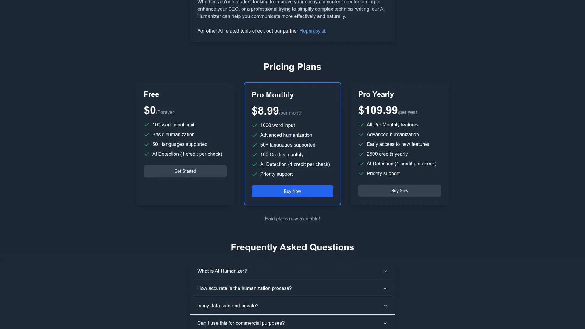 humanizer-ai-text Review - Pricing Screenshot