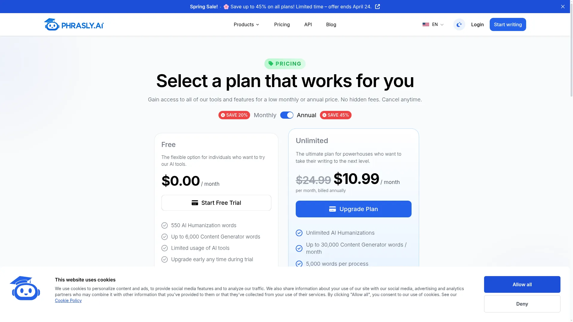 Phrasly Review - Pricing Screenshot