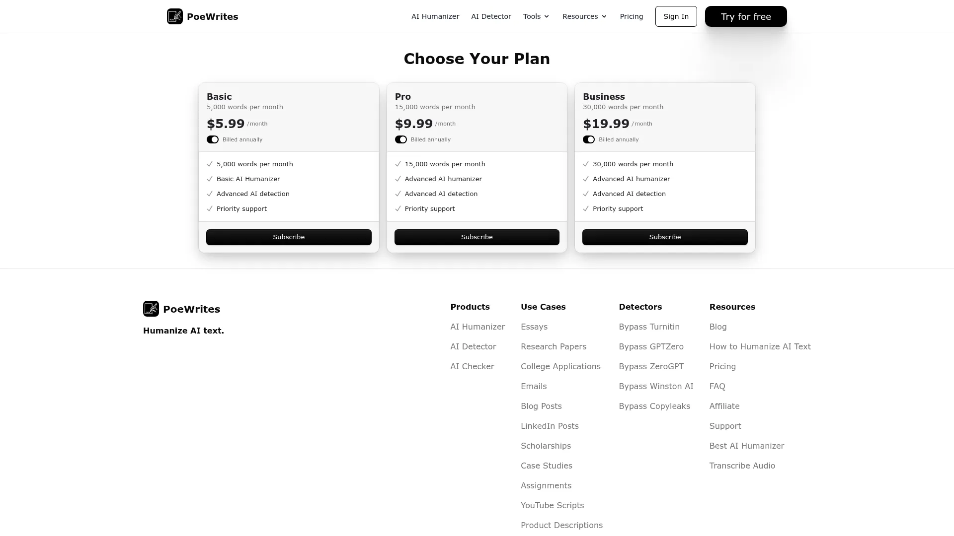 PoeWrites Review - Pricing Screenshot