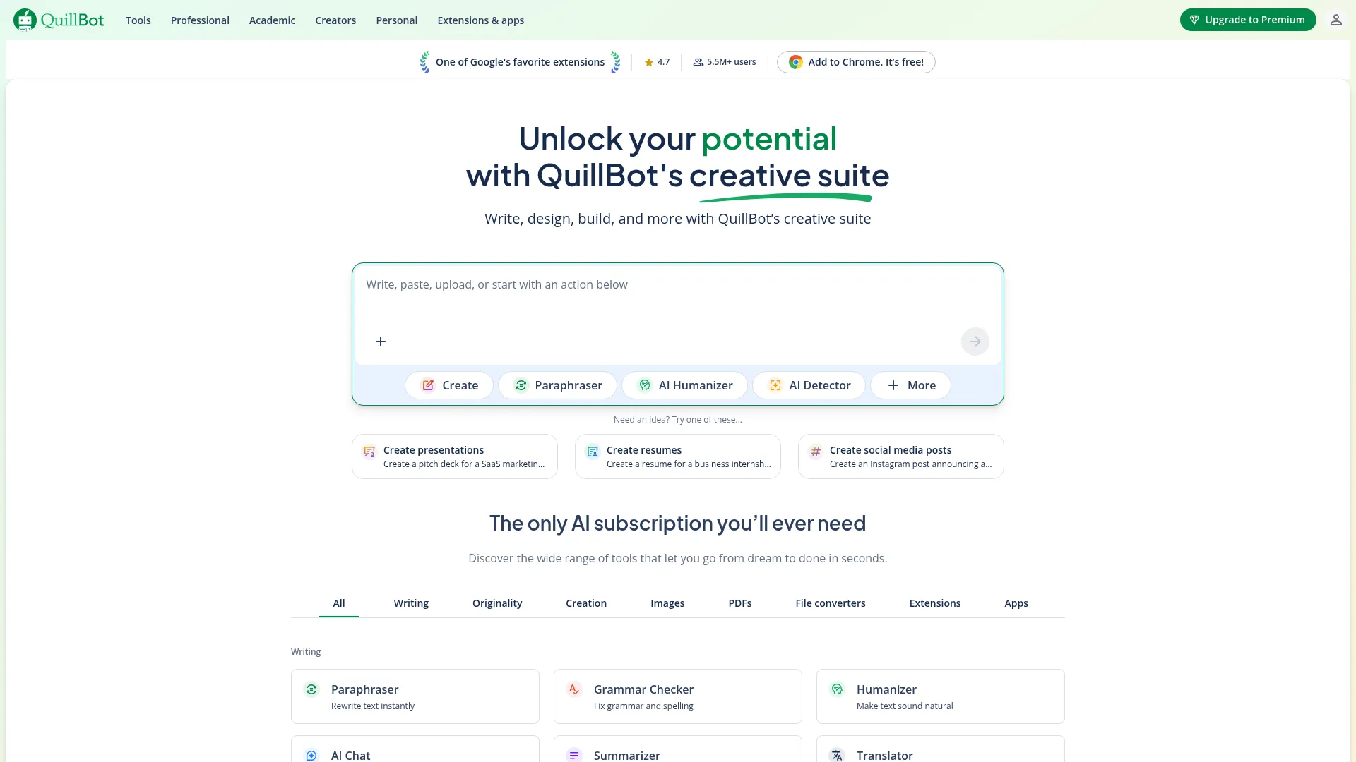 Quillbot Review - Homepage Screenshot