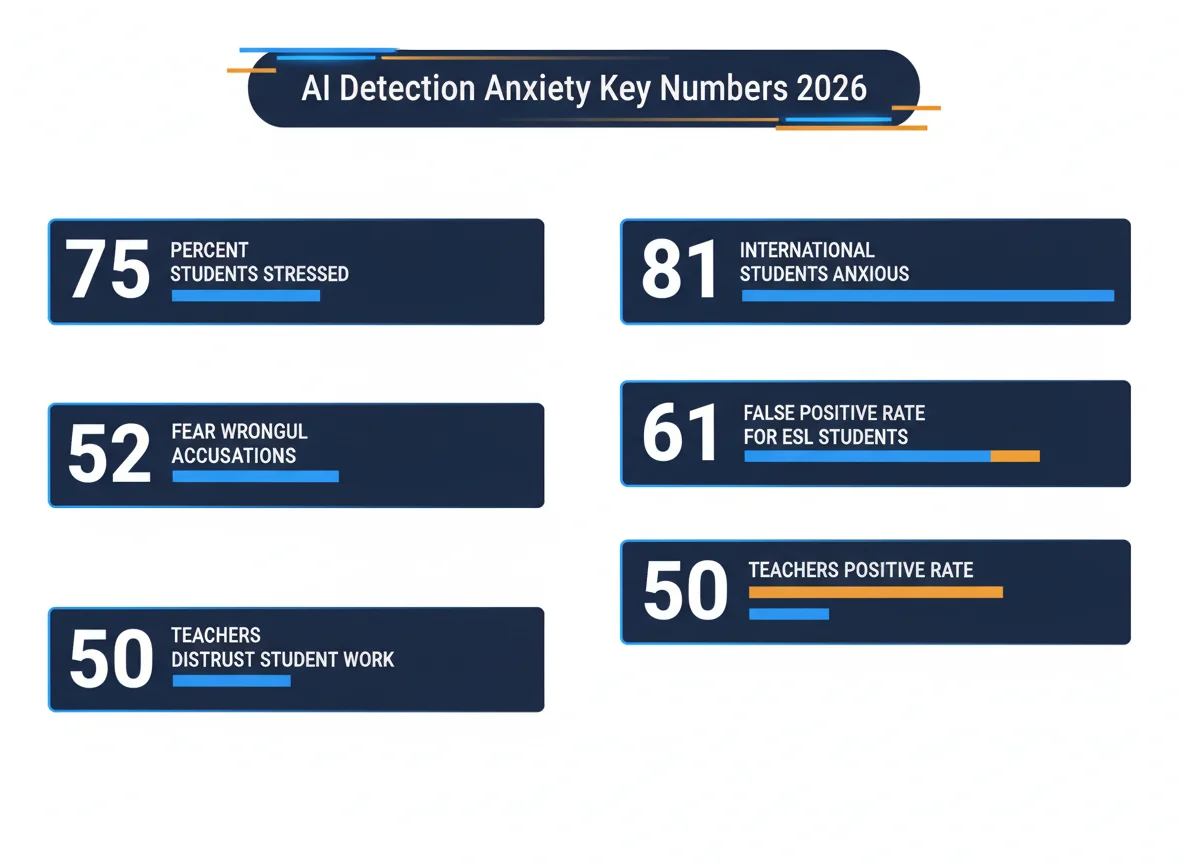 AI detection anxiety key statistics infographic showing 75% stress rate, 61% ESL false positives, and 50% teacher distrust
